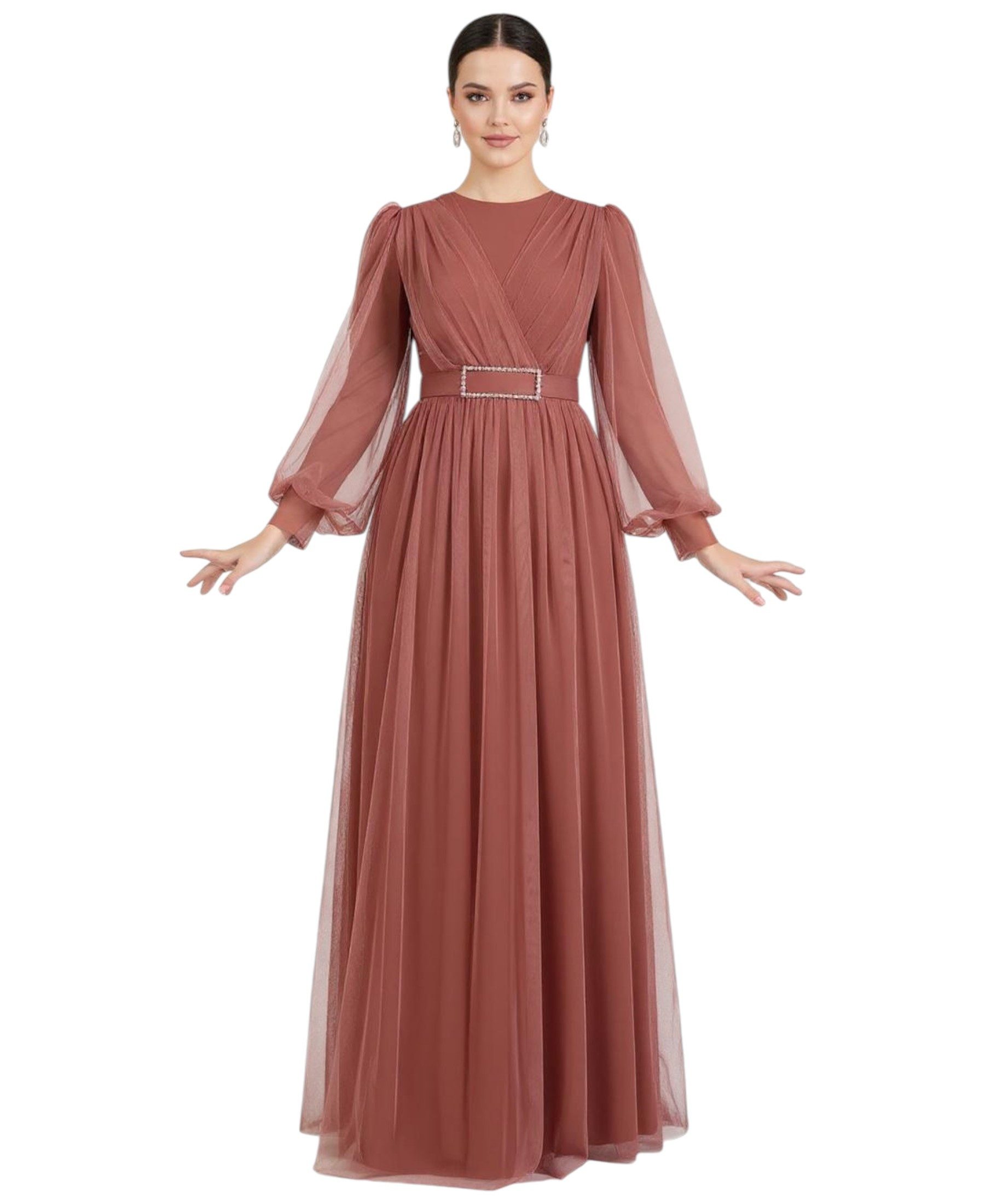 fashionshowcase Abendkleid Damen Maxikleid langarm Tüllkleid elegant mit Gürtel Modest Fashion Fließender Plissee-Rock mit taillierendem Gürtel