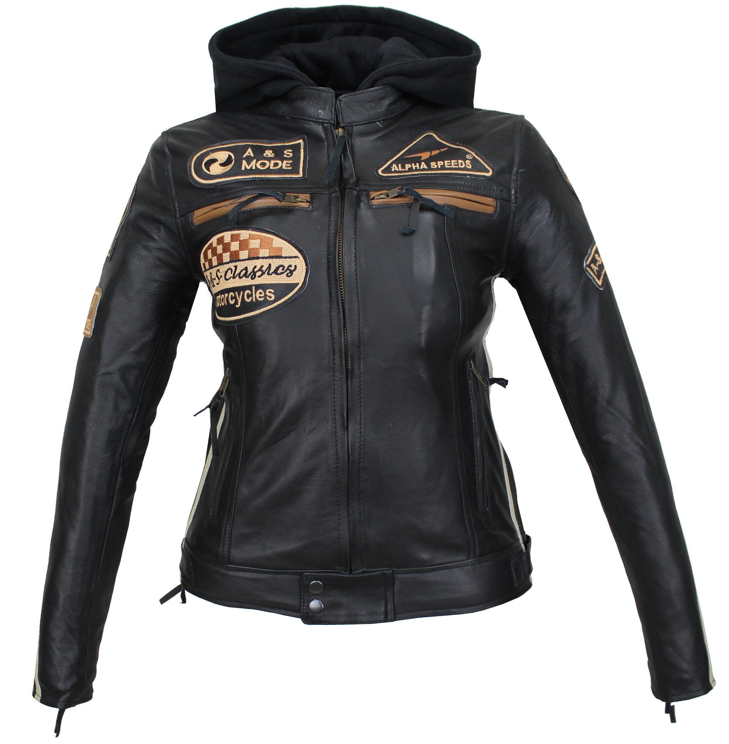 Jacke Damen Freizeit Highway einem trennbaren Besch Braun Biker aus Lederjacke einem Lammleder, weichem Speeds inklusive Kapuze) Protektoren Motorradjacke (mit & Alpha