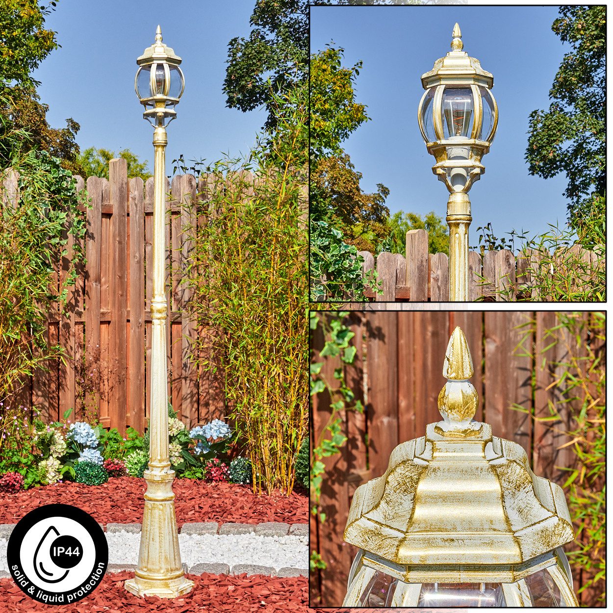 hofstein Pollerleuchte Außenwegeleuchte aus Metall/Kunststoff in Weiß/Goldfarben/Klar, ohne Leuchtmittel, Wegeleuchte im Vintage/Antik/Landhaus-Design, Höhe 205 cm, 1xE27, IP44