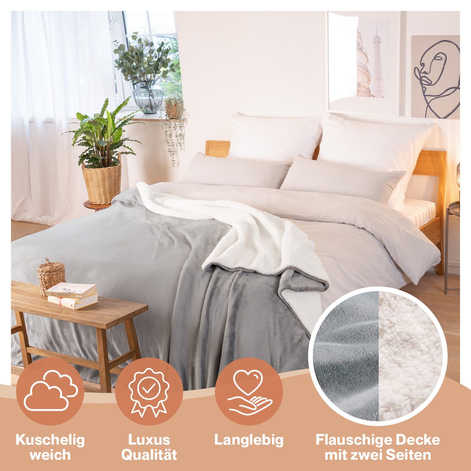Wohndecke Premium Sherpa Kuscheldecke, Oeko-TEX Zertifiziert, Blumtal, Sofa Decke mit Dicker Sherpa-Innenseite, extra dick & wärmend – Bild 3 von 5