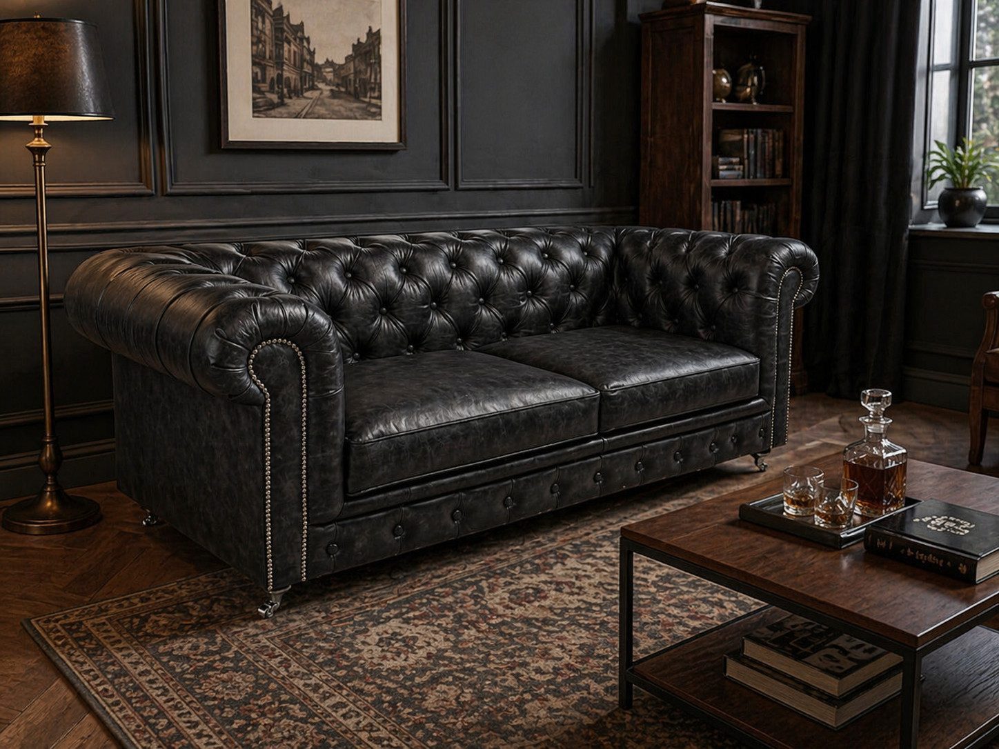 Xlmoebel Chesterfield-Sofa Elegantes Vintage Leder Design mit Knopfheftung Schwarz Sofort, Made in Europa