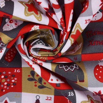 SCHÖNER LEBEN. Stoff Baumwollstoff Popeline Weihnachten Merry Xmas Adventskalender rot grau weiß goldfarbig 1,47m Breite