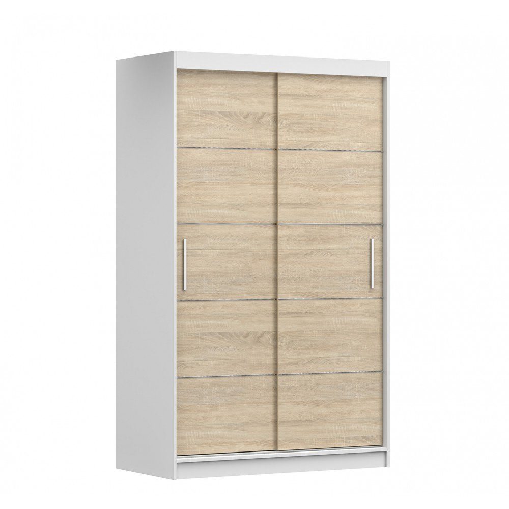 MOEBLO Kleiderschrank NOAH 06 (mit dekorativen Elementen aus Aiminium, Schwebetürenschrank 2-türig Schrank, Gaderobe mit vielen Einlegeböden und Kleiderstange), (BxHxT): 120x200x61 cm Weiß + Sonoma