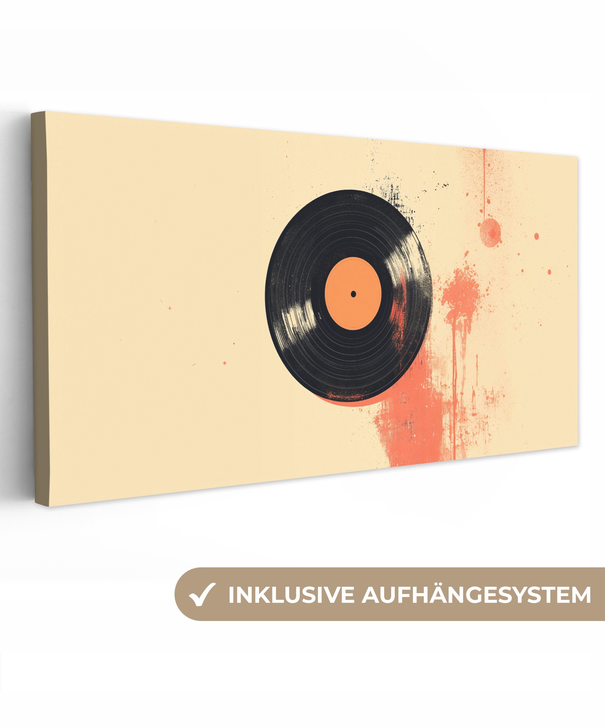 OneMillionCanvasses® Leinwandbild Panorama Vinylplatte - Schwarz - Farbspritzer - Retro, Fotodruck (1 St), Wandbild, Deko Schlafzimmer Wohnzimmer Flur 40x20 cm