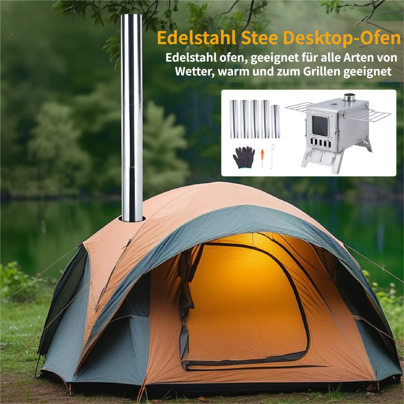 Rutaqian Feuerschale Edelstahl Zeltofen,Outdoor Camping-Holzofen für Zelt, 52 x 38 x 144 cm, (Zeltheizung Camping, 1-St., Inkl Schutzhandschuhe, mehrteiligem Ro – Bild 4 von 5