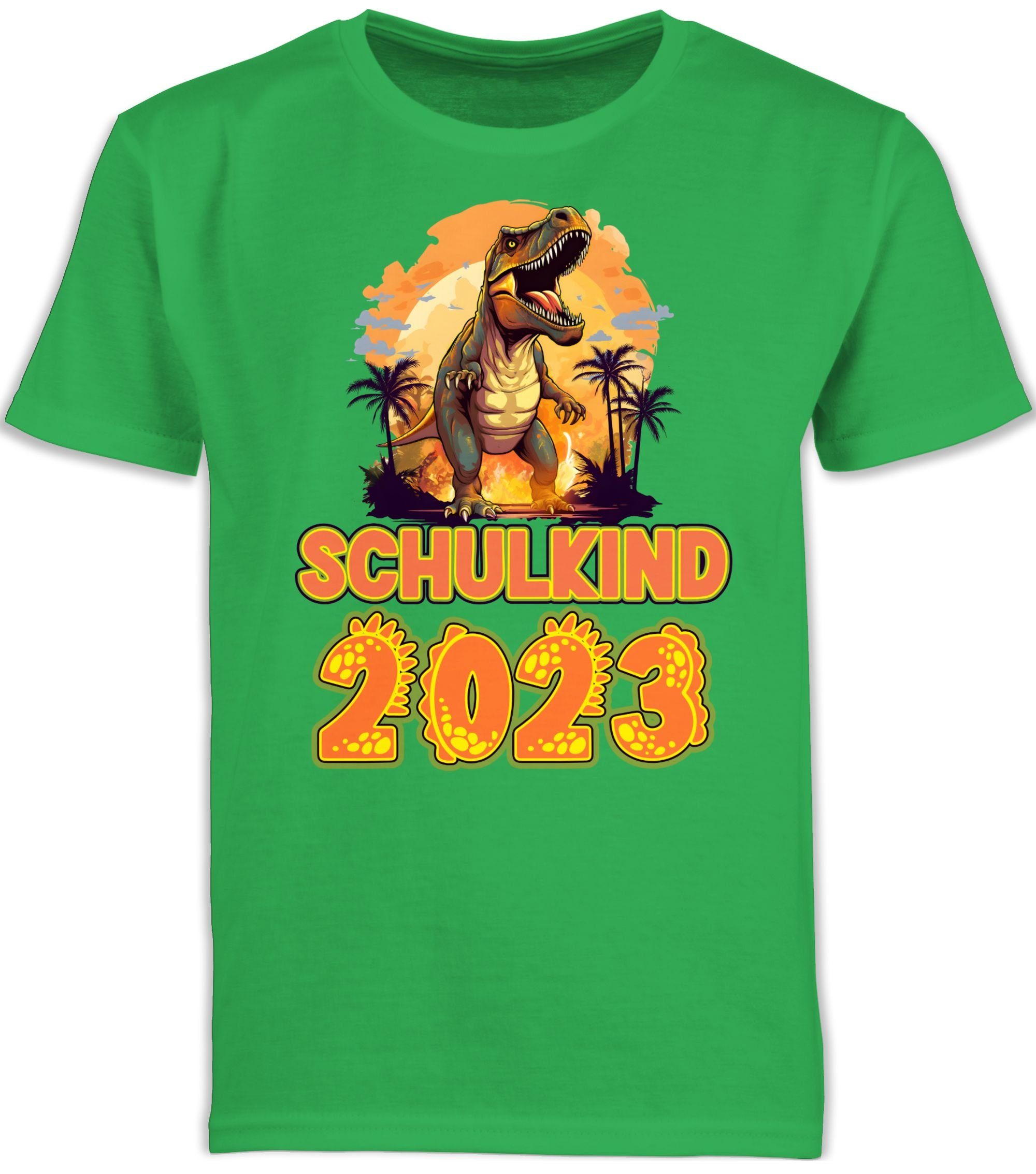 Shirtracer T-Shirt Schulkind 2023 Geschenke Dinosaurier Dino Junge Schulanfang Saurier Grün 3 Einschulung