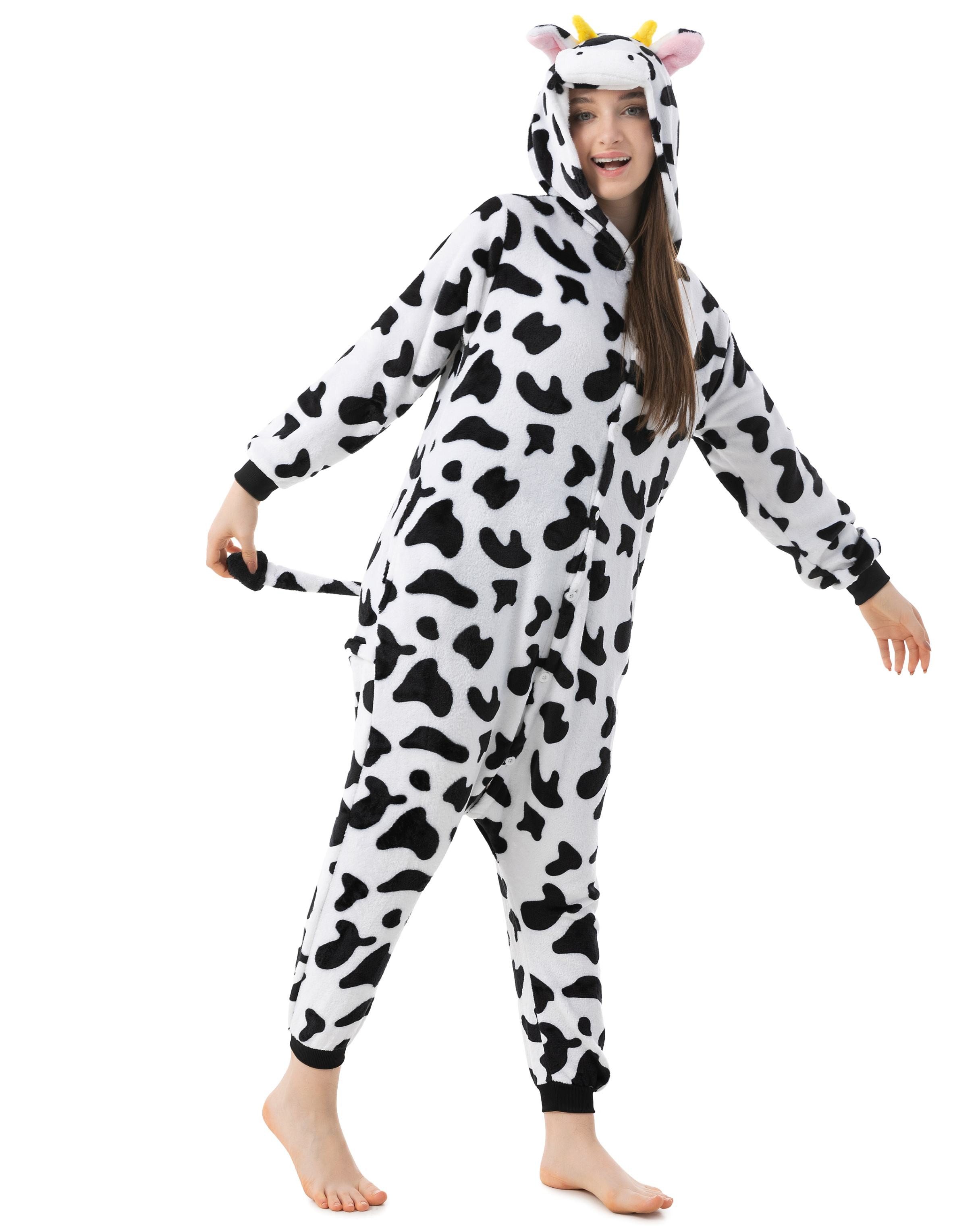 Katara Partyanzug Bauernhoftiere Jumpsuit Kostüm für Erwachsene S-XL, Karneval - Kostüm, Kigurumi - Kuh schwarz weiß M (155-165cm)