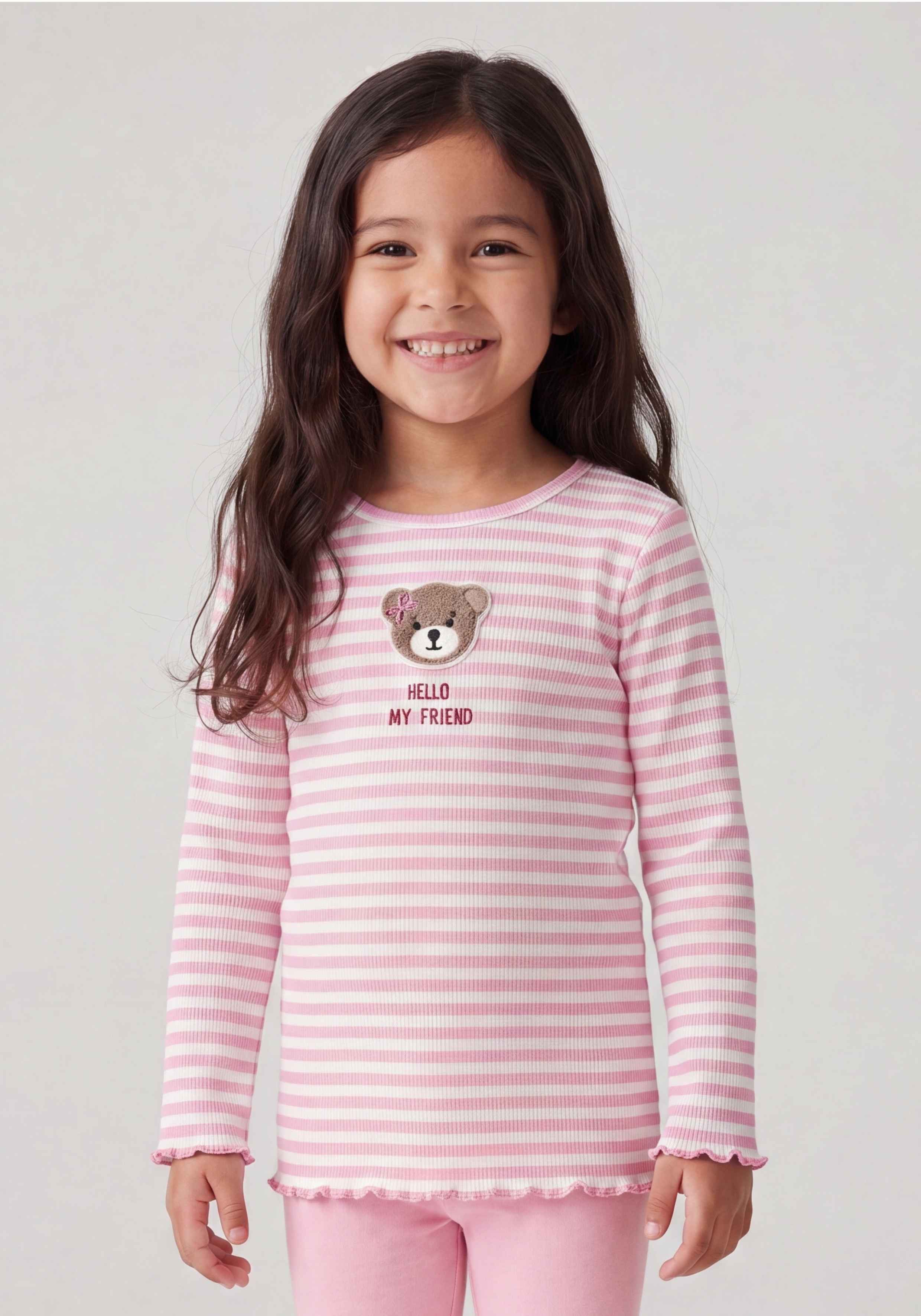 STACCATO Langarmshirt (2-tlg) 2er Pack / gestreift-unifarben / Bärchen-Aufnäher / für Girls – Bild 2 von 5