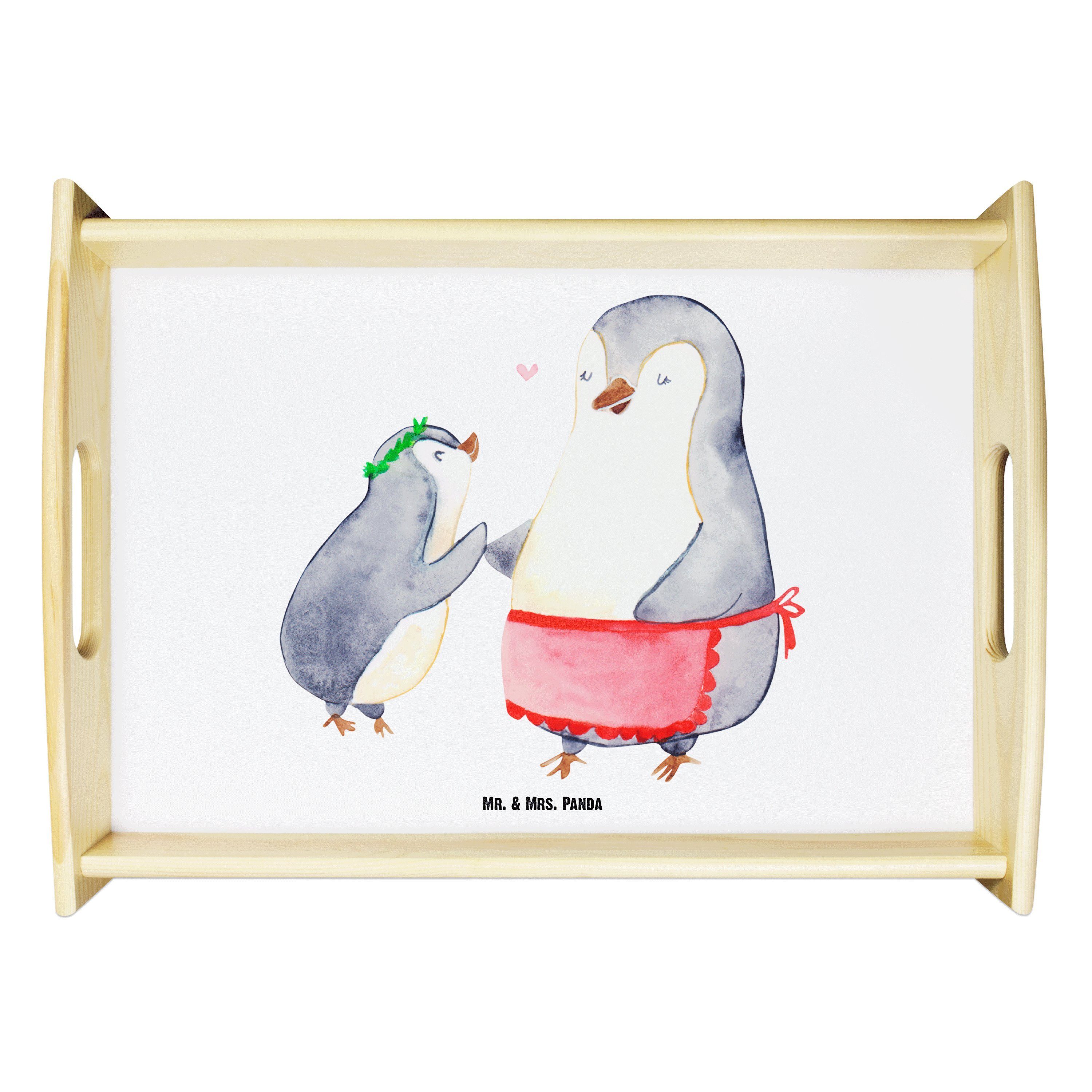 Mr. & Mrs. Panda Pinguin lasiert, - Weiß Frühstückstablett, (1-tlg) Echtholz Tablett - Geschenk, mit Kind T, Geburststag