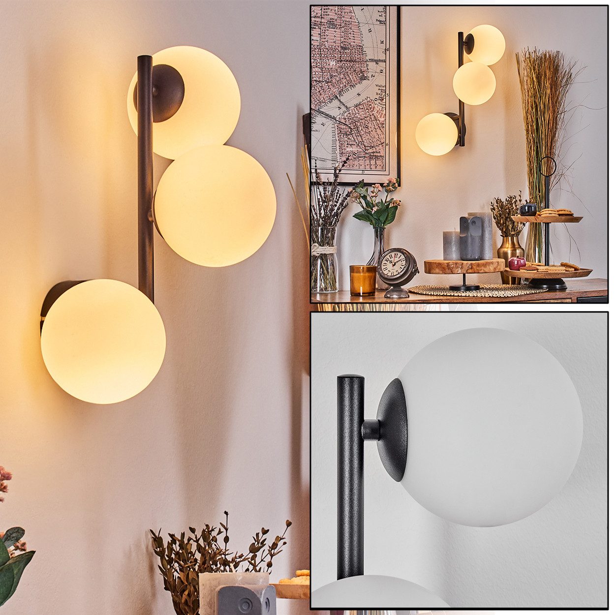 hofstein Wandleuchte Wandlampe aus Metall/Glas in Schwarz/Milchglas/Weiß, ohne Leuchtmittel, moderne Wandleuchte im Retro/Vintage-Design (Schirme 12 cm), G9