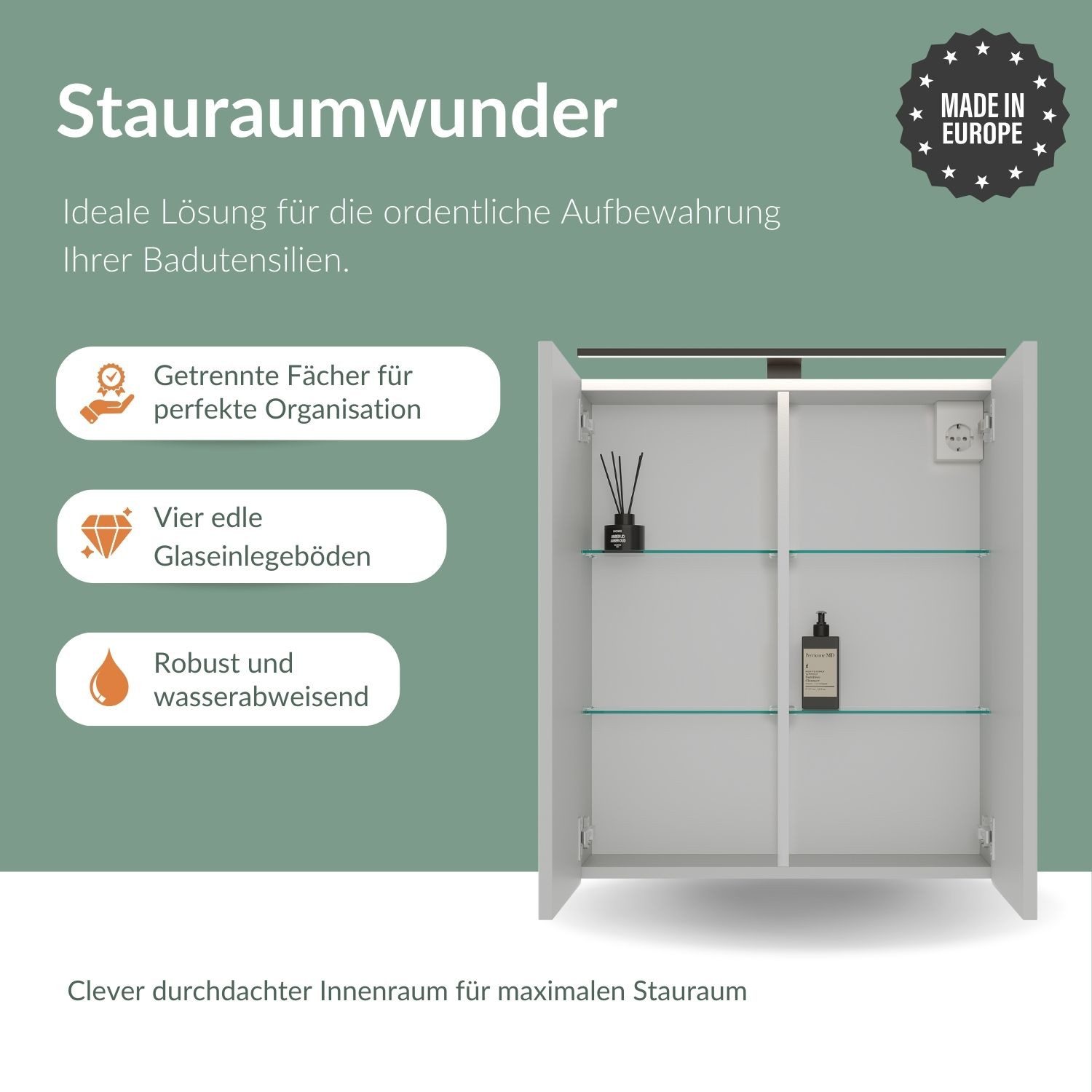 Planetmöbel Spiegelschrank Spiegelschrank ARIA (Spiegelschrank Bad 70 cm mit Beleuchtung und Steckdose, Badspiegelschrank 2-türig) weiß grau
