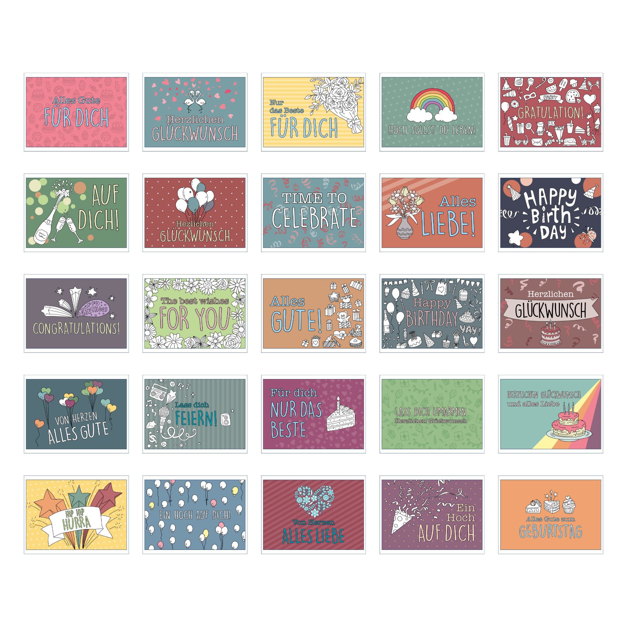 CUPCAKES & KISSES Glückwunschkarte 25er Postkarten Set Glückwunsch & Geburtstag bunt, Glückwunschkarte