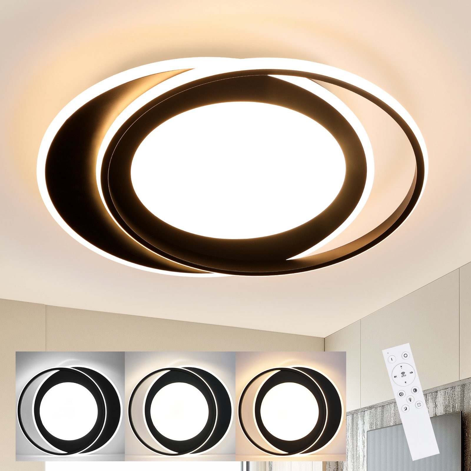 Weiß Fernbedienung, Nettlife Ring Dimmbar Moderne Dimmbare 48cm Design Schwarz ‎Energieeffizient, mit Deckenleuchte LED timer,