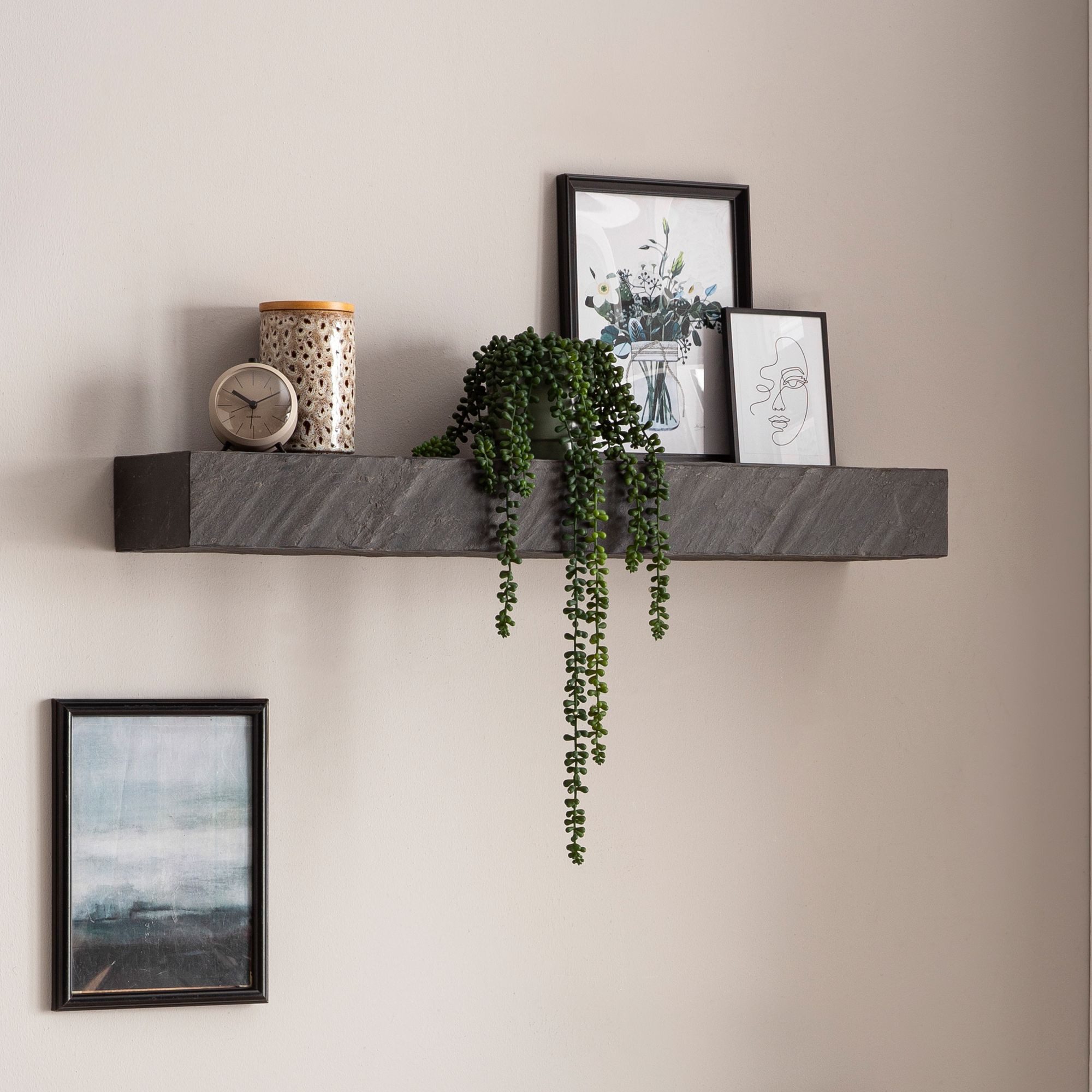 FINEBUY Wandregal FB55701 Massivholz Steinoptik Hängeregal Regal Schweberegal Modern, Hängeregal Rechteckig, Schweberegal Anthrazit, 90x10x20 cm Mango Massivholz / Steinoptik, Modern