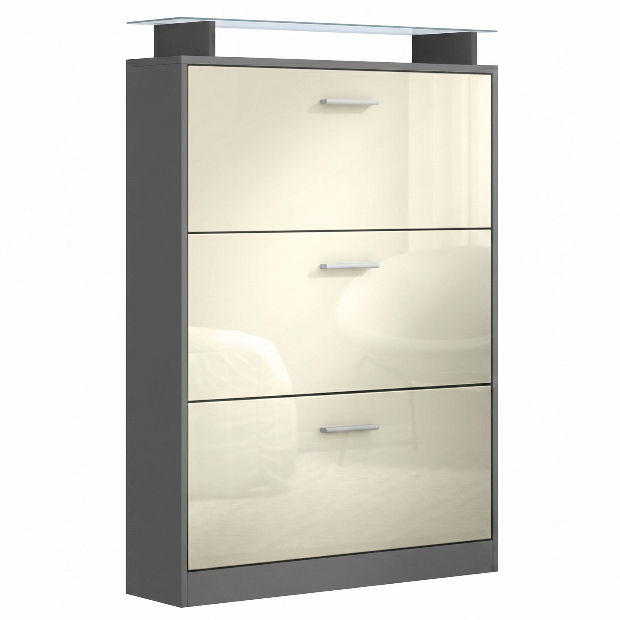 Vladon Schuhschrank Lavia (Schuhkipper, für 24 Paar Schuhe mit 3 Klappen und Glasablage) Anthrazit matt/Creme Hochglanz (89 x 128 x 23 cm)