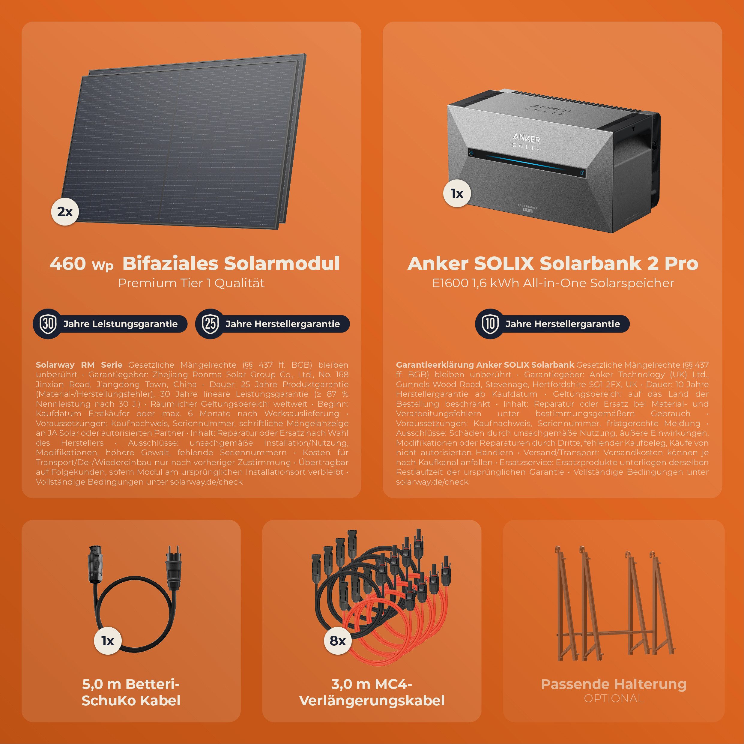 Solarway Balkonkraftwerk 920Wp / 800W All in One mit 1,6 kWh Anker 2 Pro Speicher, (460W bifaziale Solarmodule & Anker Speicher & Zubehör), komplett Steckdose S – Bild 5 von 5