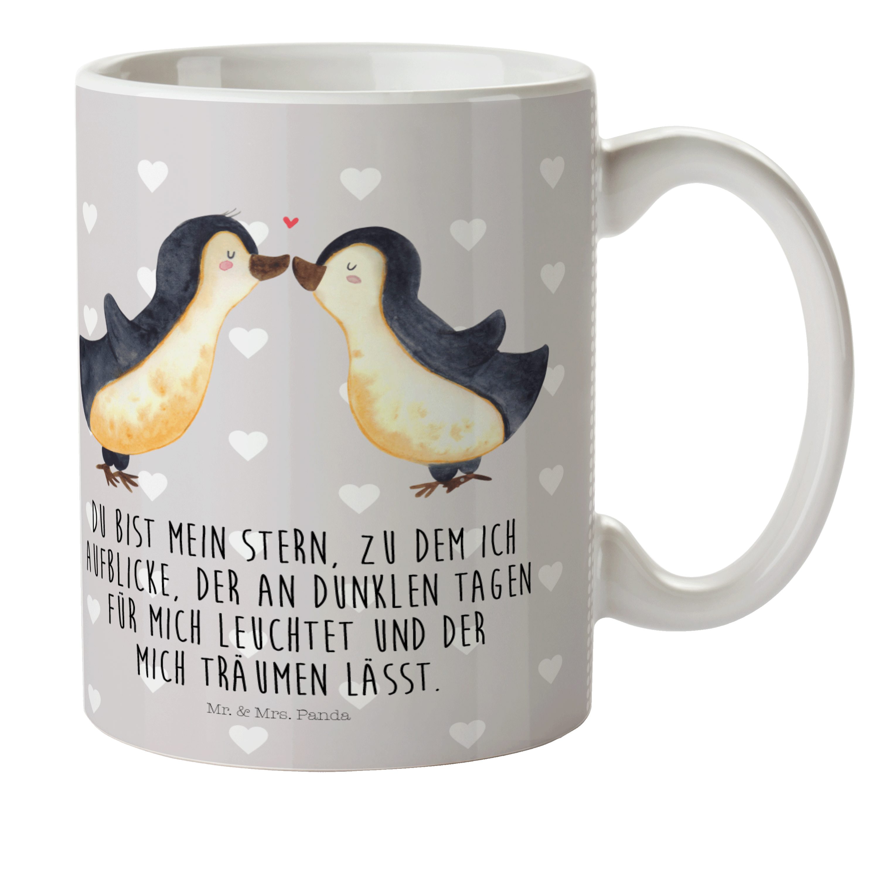 Mr. & Mrs. Panda Kinderbecher Pinguin Liebe - Grau Pastell - Geschenk, Kunststoffbecher, Ehemann, P, Kunststoff