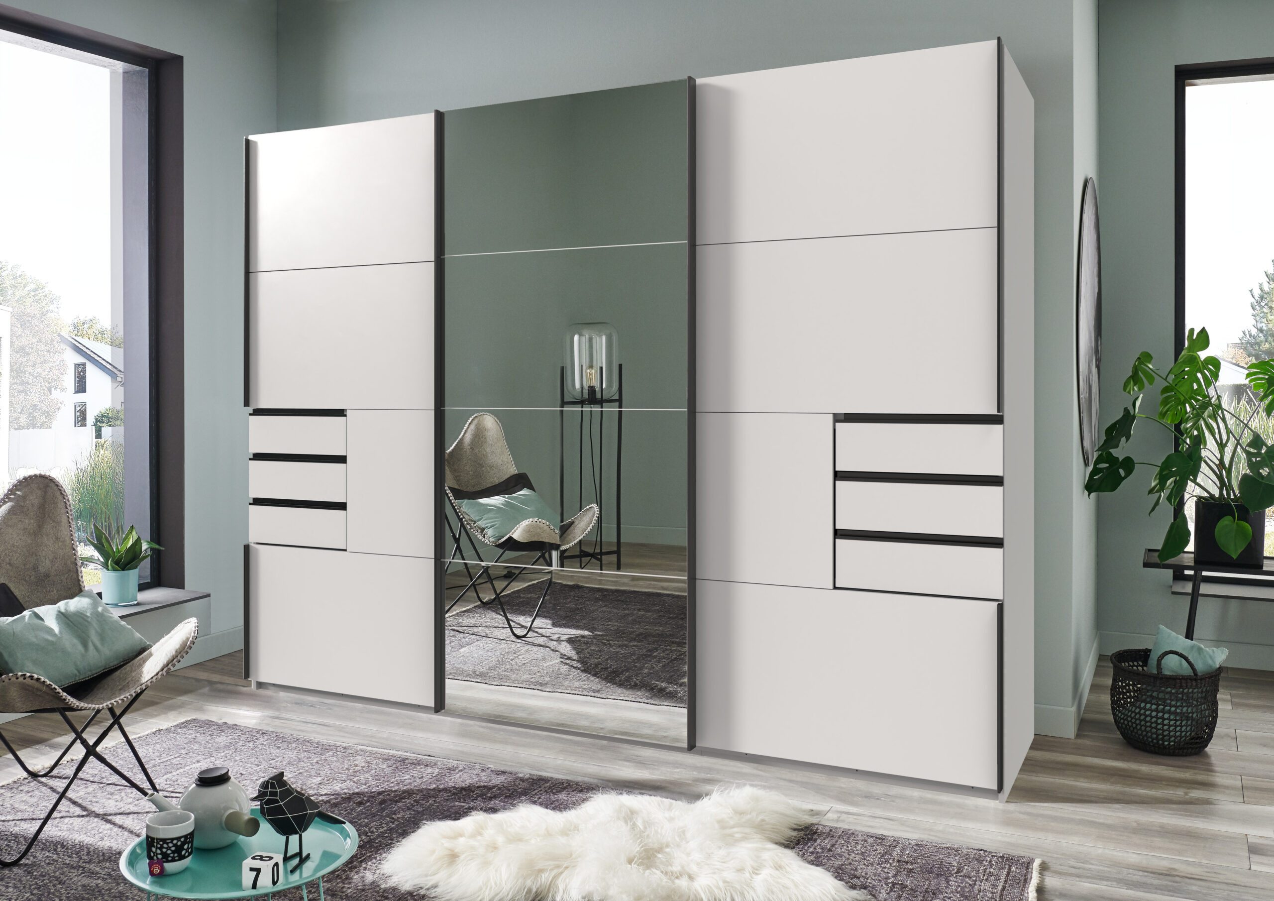 möbel-direkt.de Kleiderschrank Saigon in Weiß und schwarzen Griffen (Spar-Set, 1-St., Kleiderschrank) mit Spiegeltür