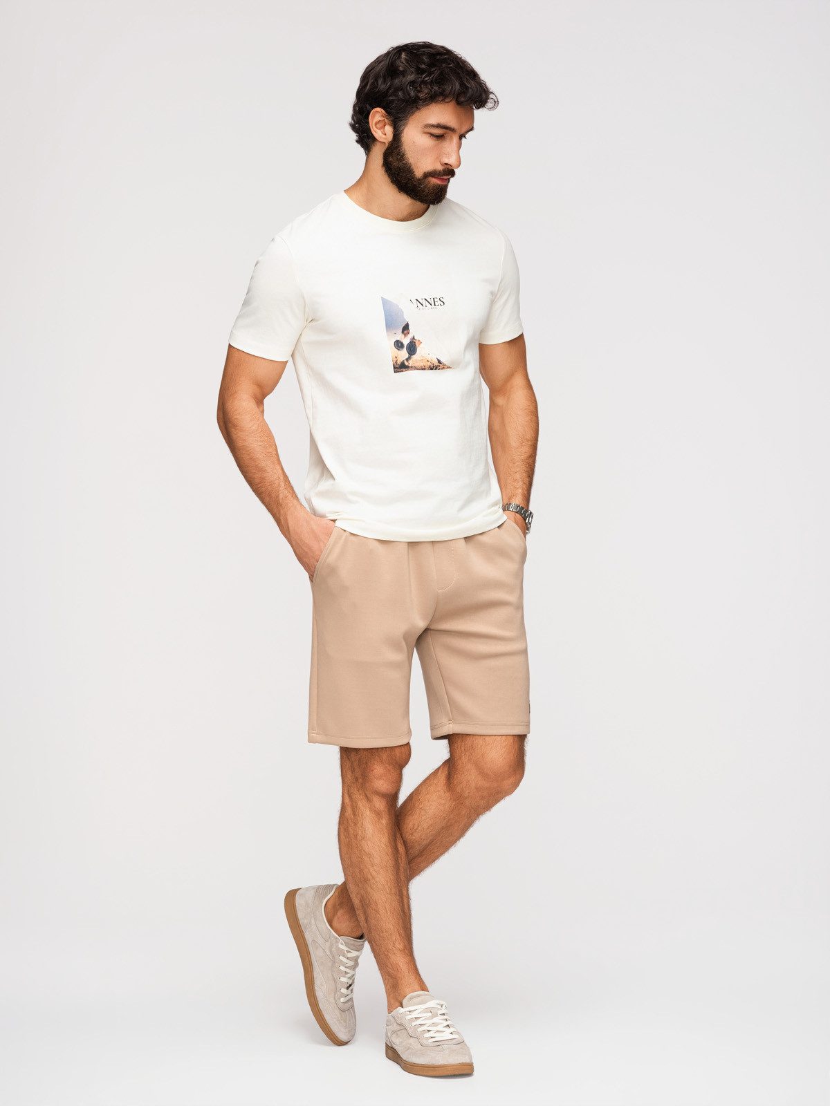 OMBRE Sweatshorts Herren Sweatshorts Regular Fit Elastischer Bund Beige L (kein Set, 1-tlg) Elastischer Bund mit Kordelzug – Bild 3 von 5
