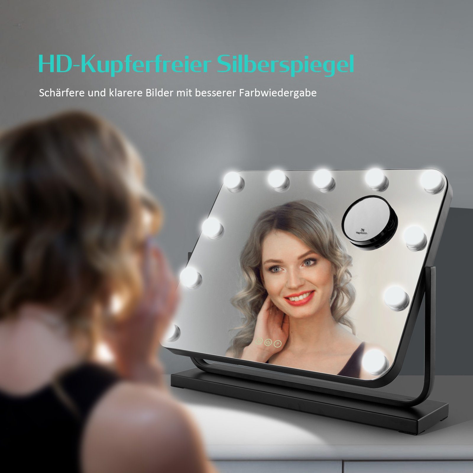 EMKE Kosmetikspiegel Hollywood Spiegel 360 Schwarz Vergrößerungsspiegel Farbe 3 Licht,Dimmbar,Speicherfunktion,7 x Beleuchtung Drehbar mit Tischspiegel, °