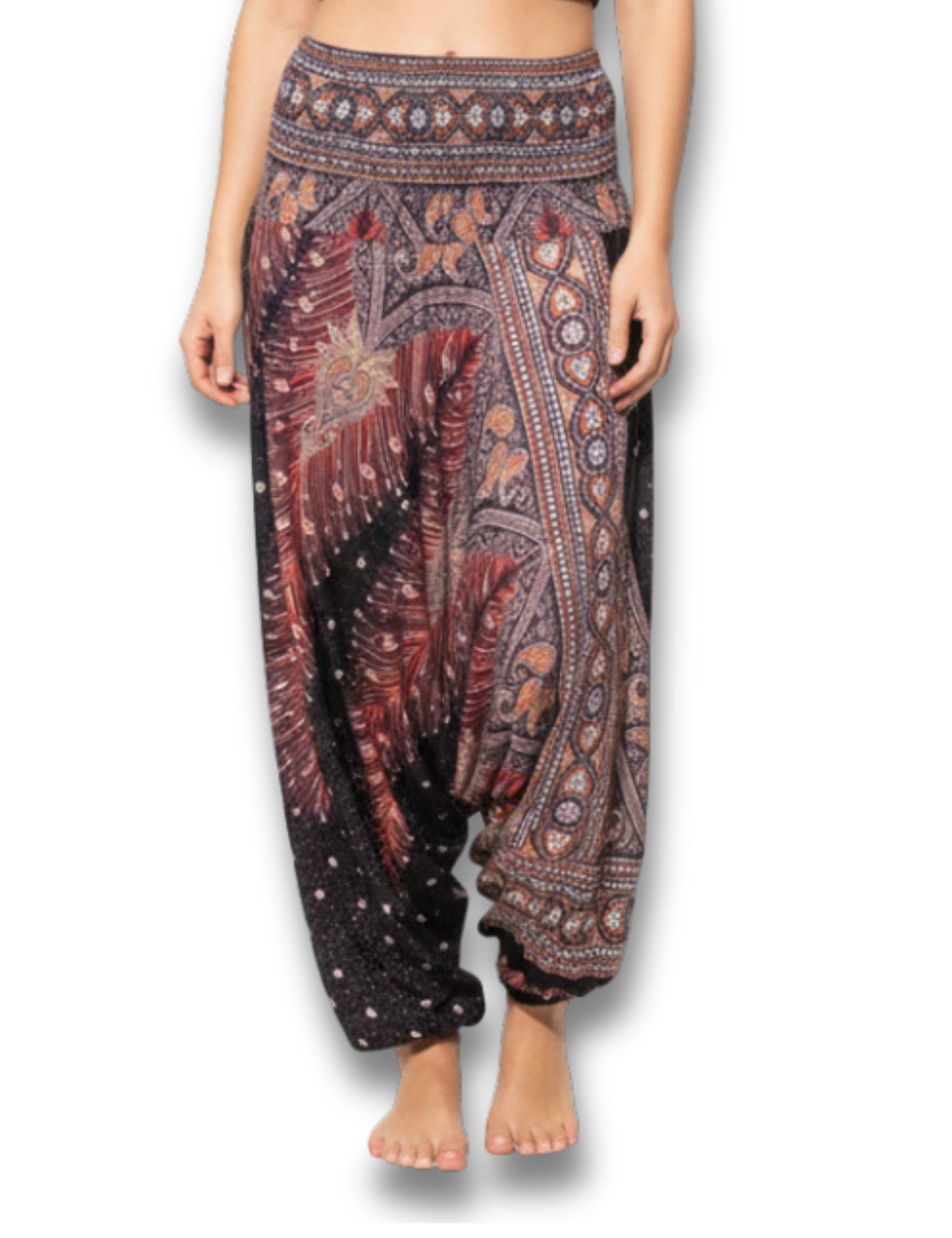 PANASIAM Pumphose Aladinhose im schönen Peacock Design Haremshose aus 100% natürlicher Viskose auch als Overall tragbar Damen Pumphose bequeme Freizeithose