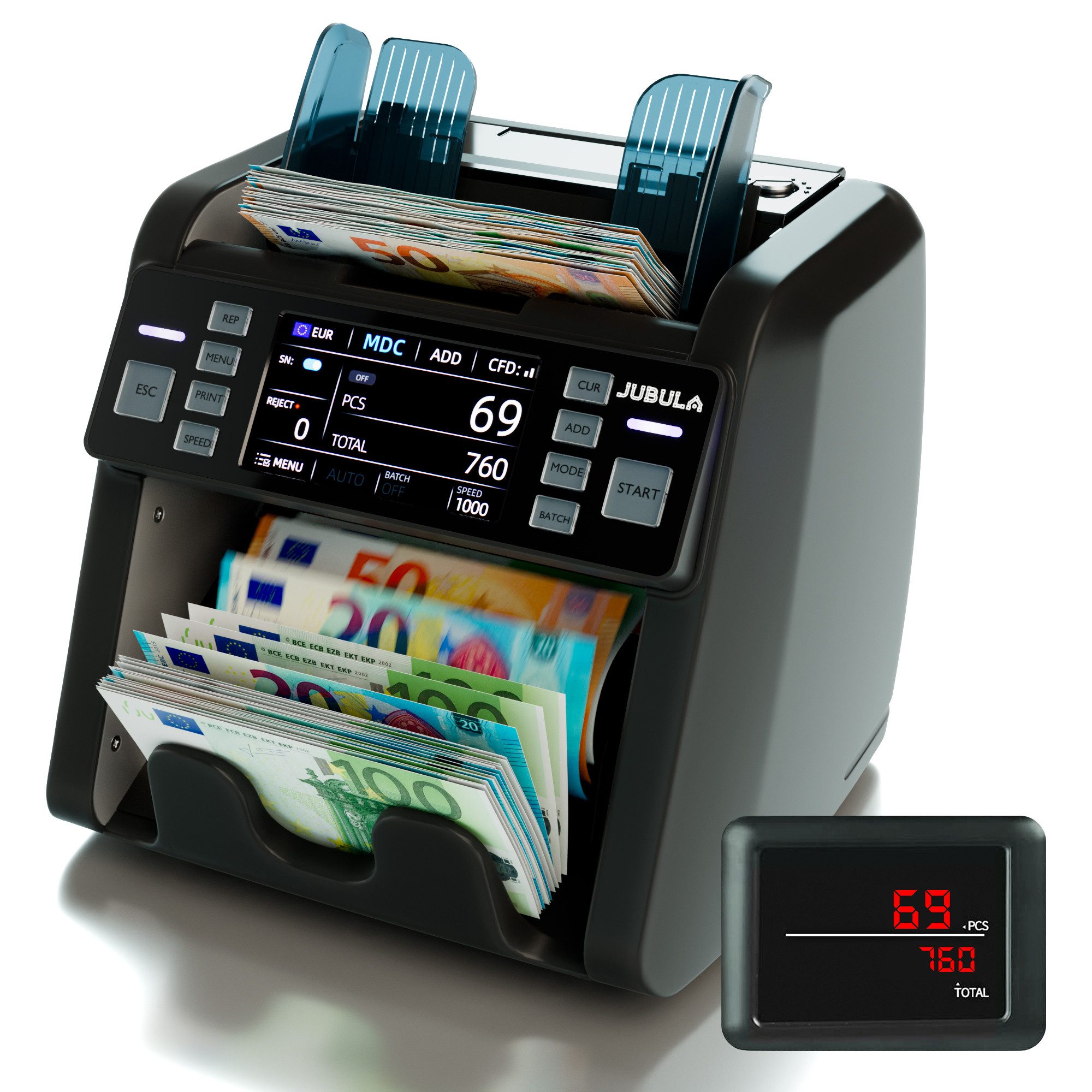 Jubula Banknotenzähler MV-550, Geldzählmaschine für gemischte Geldscheine, 2 CIS, Touchscreen