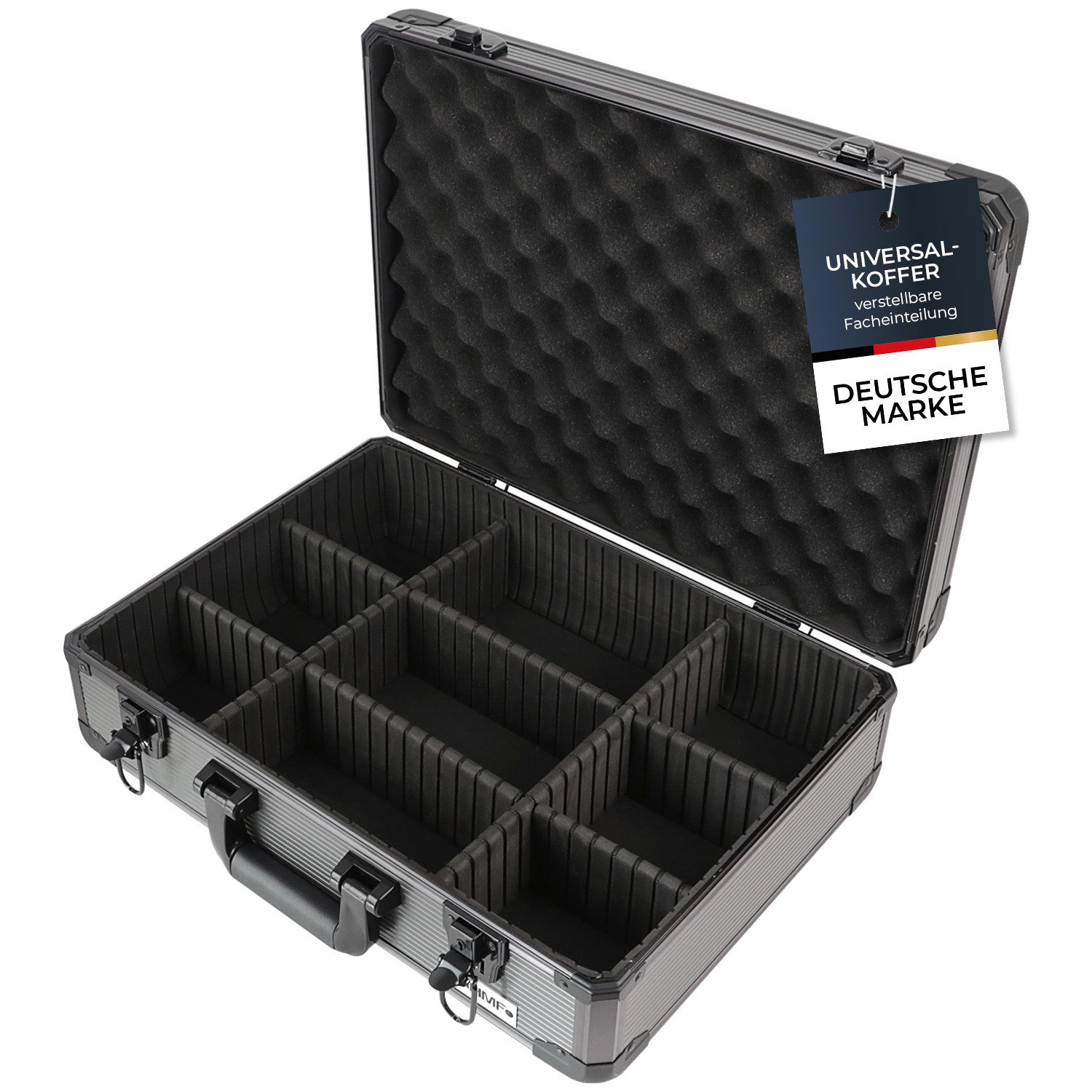 HMF Werkzeugkoffer Alu Transportkoffer, Metallkoffer, mit individueller Facheinteilung, 46x15x33 cm, schwarz