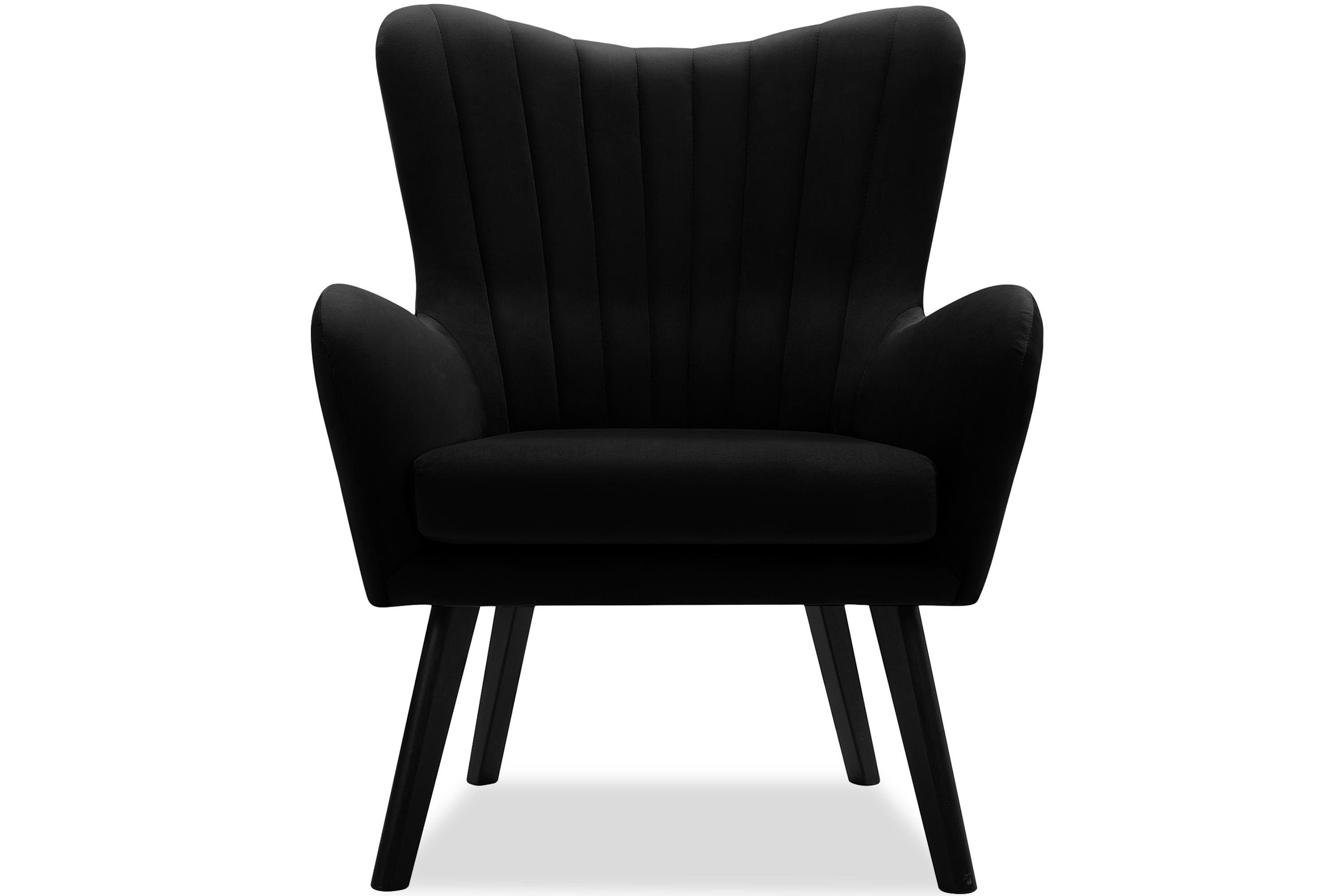 Schwarz Sitz, PUR-Schaum GADI, lackierte im schwarz Velourstoff, schwarz Holzbeine | Ohrensessel Konsimo