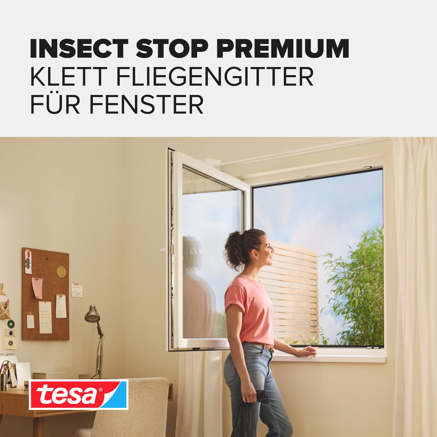 tesa Insektenschutz-Fensterrahmen Klett Fliegengitter Premium für Fenster, Insektenschutz, ohne bohren, (Komplett-Set, 1-St., zuschneidbar, selbstklebend - 100 cm x 100 cm - Weiß (Sichtschutz), Mückenschutz mit starkem Klettband, rückstandsfrei entfernbar