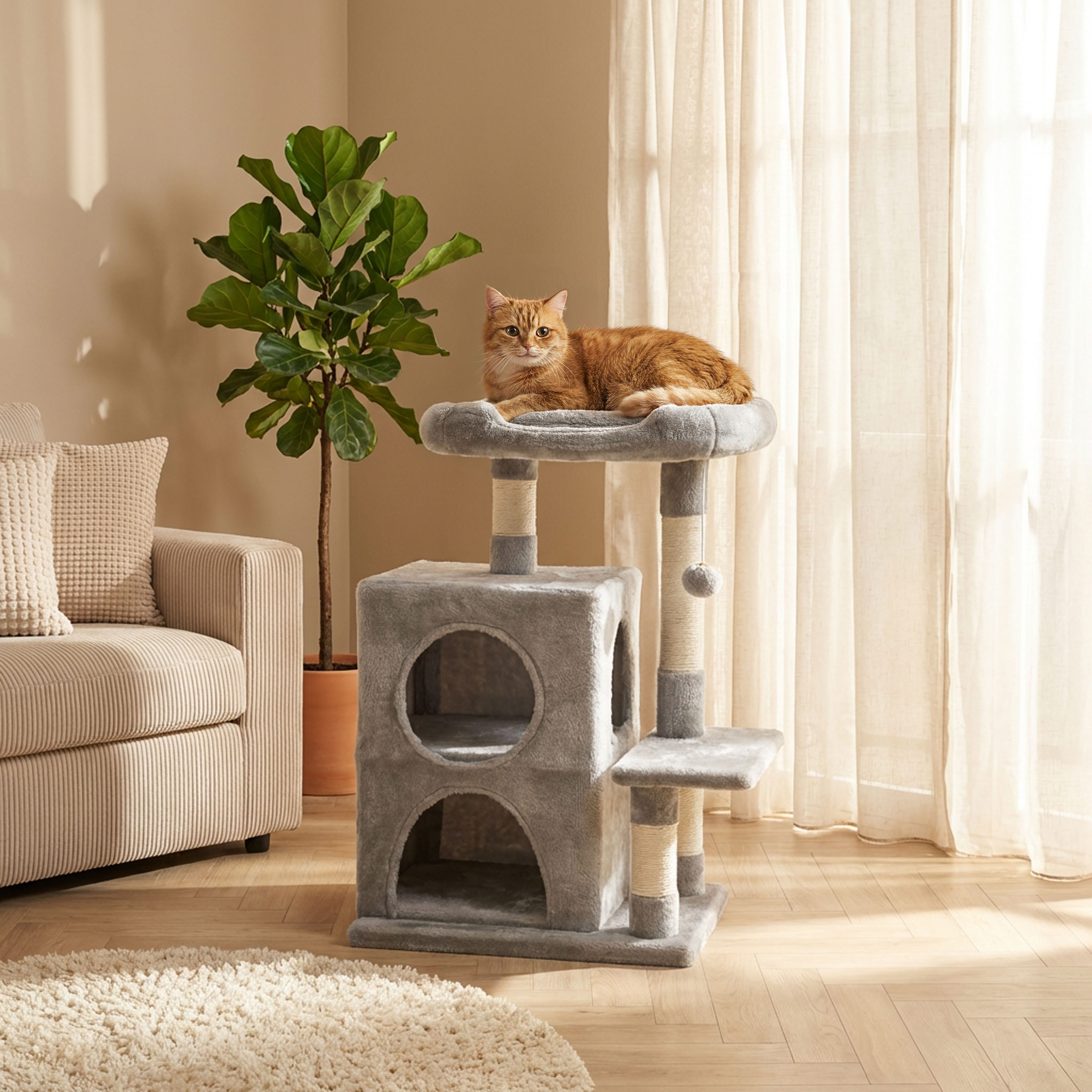 belviona Kratzbaum mit 2 Höhlen & Spielball, 80 cm Höhe freistehend, Katzenbaum mit Sisal & Liegefläche