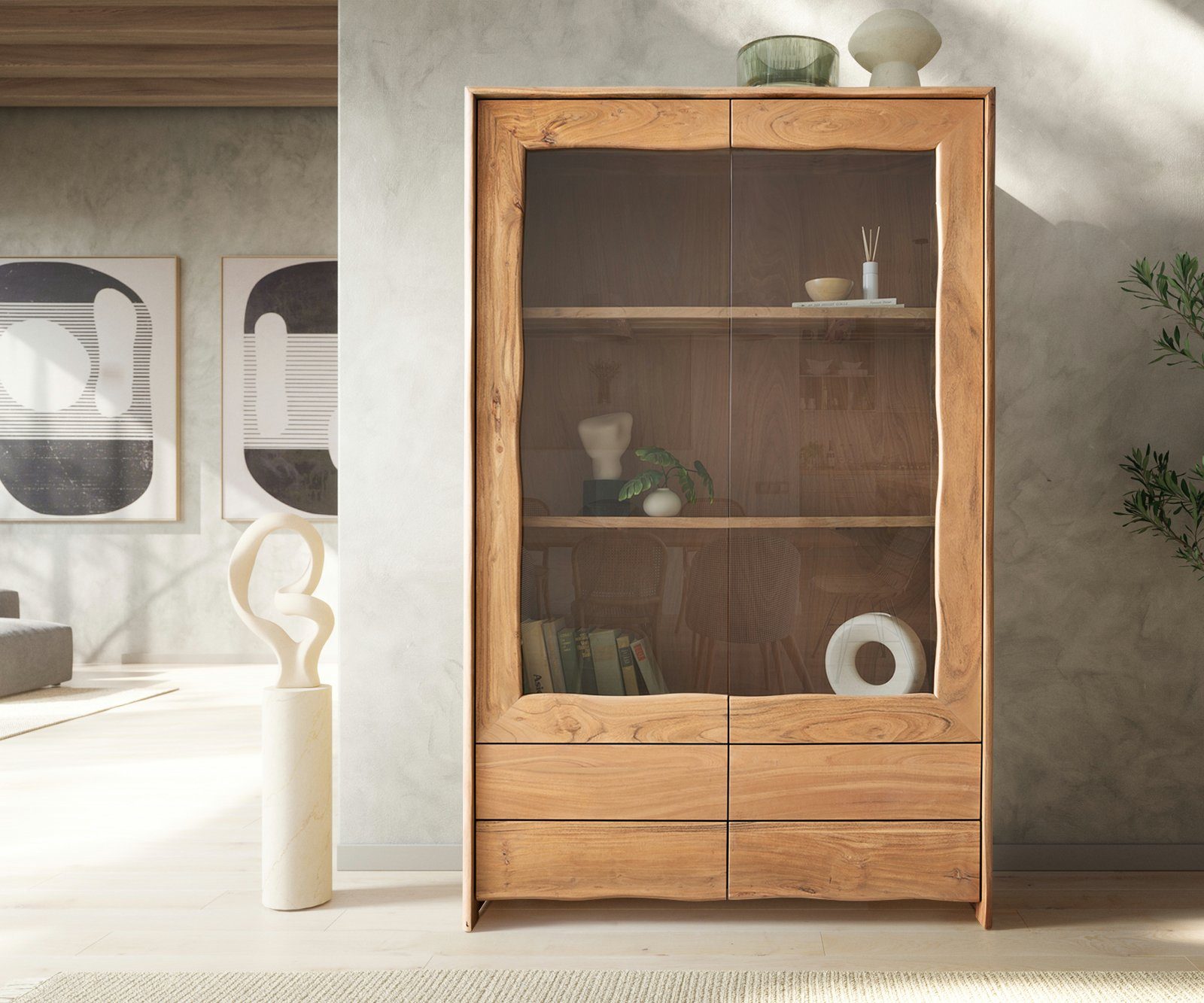 DELIFE Vitrine Live-Edge Akazie Natur 120x190 cm 2 Türen 4 Schubladen Massiv Highboard