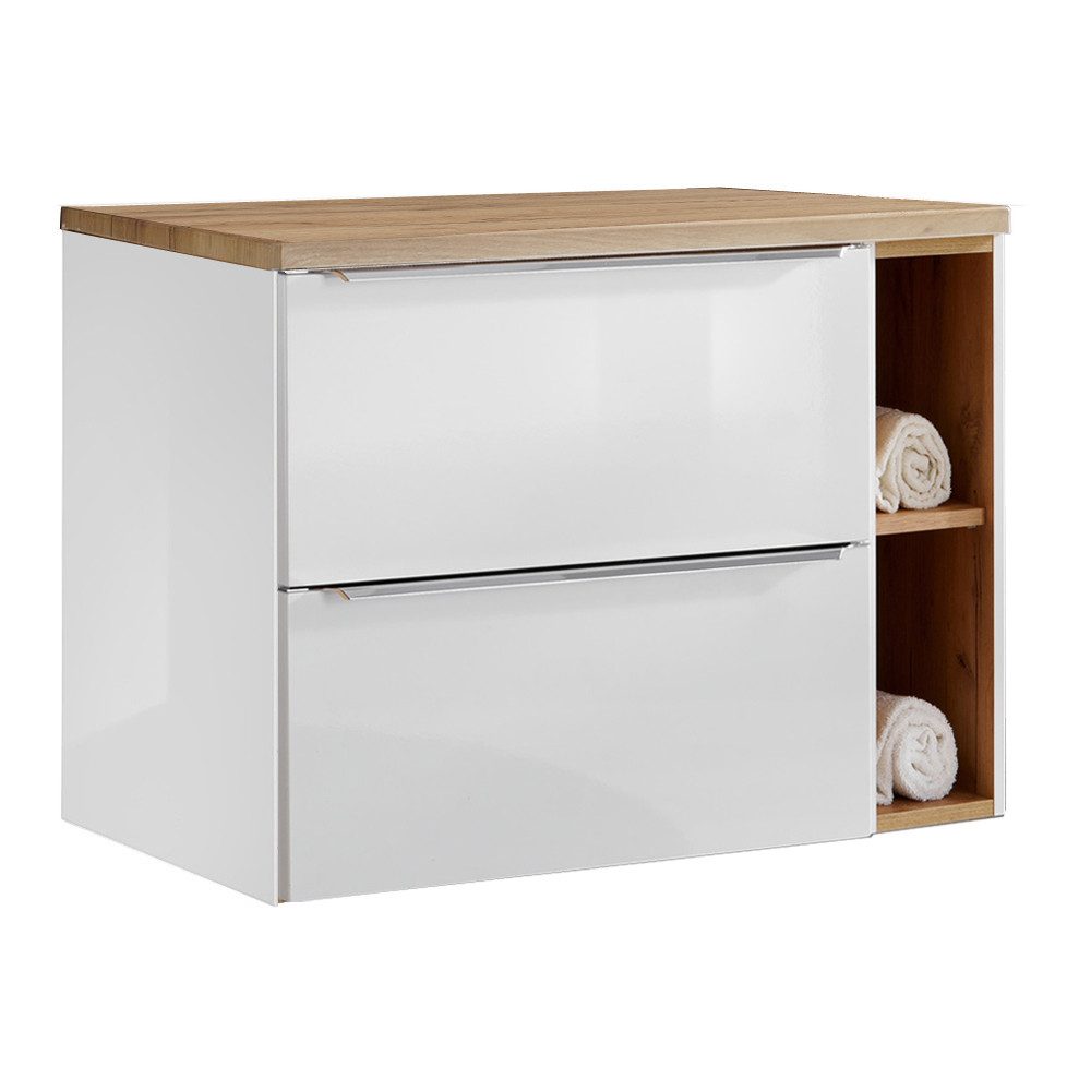 Lomadox Waschbeckenschrank TOSKANA-56 mit Regal 81cm Hochglanz weiß & Wotan günstig online kaufen