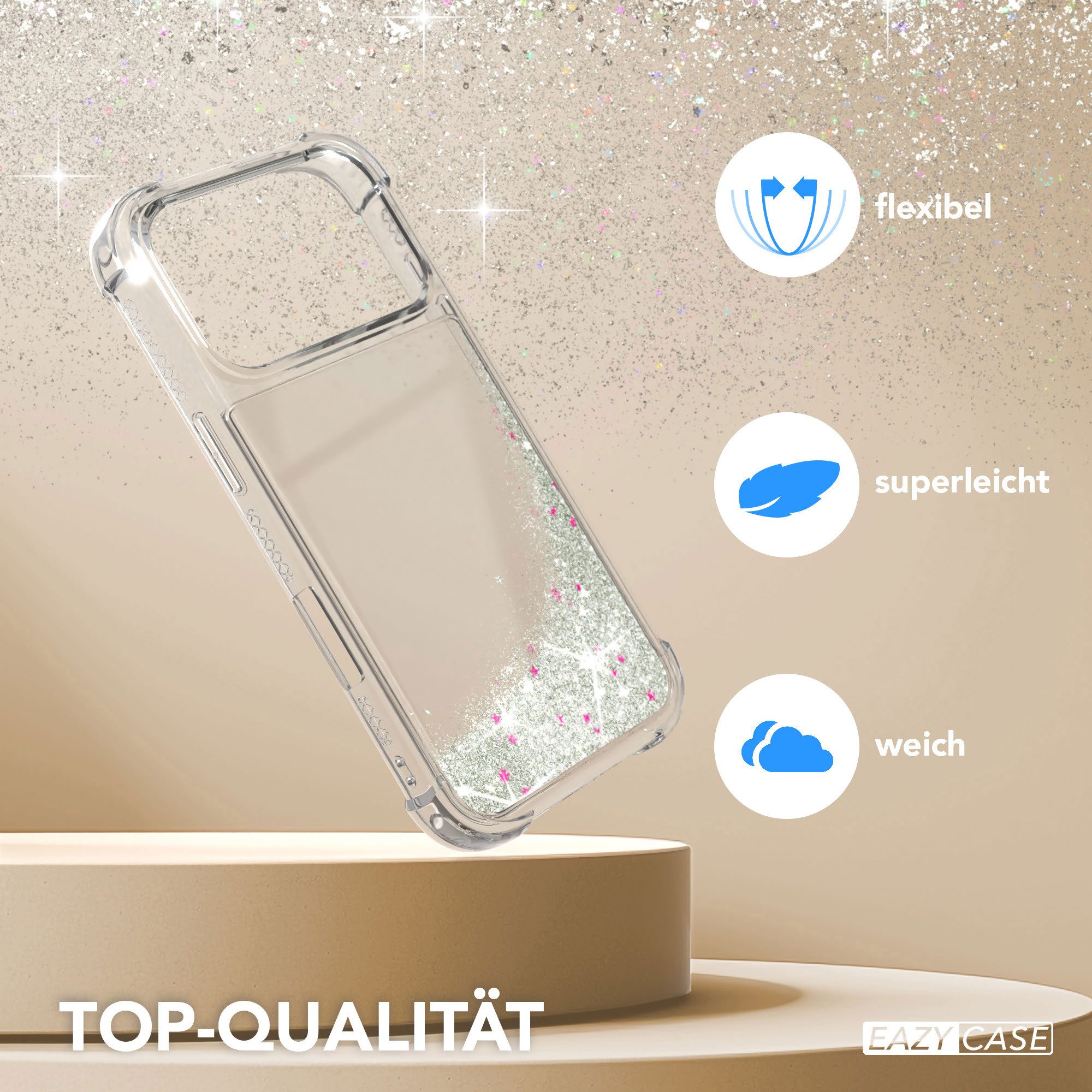 EAZY CASE Handyhülle Liquid Glittery Case für Apple iPhone 17 Pro 6,3 Zoll, Kratzfeste Silikonhülle stoßfestes Back Cover Phone Case Etui Silber