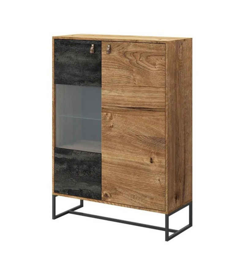 MOEBLO Highboard BENO BWT93 (Schrank für Wohnzimmer mit Türen Vitrinenschrank Glasvitrine, Gehärtetes Glas Griffe aus Leder und Füße aus Metall Vitrine Sideboard), (BxHxT): 93x133x39cm