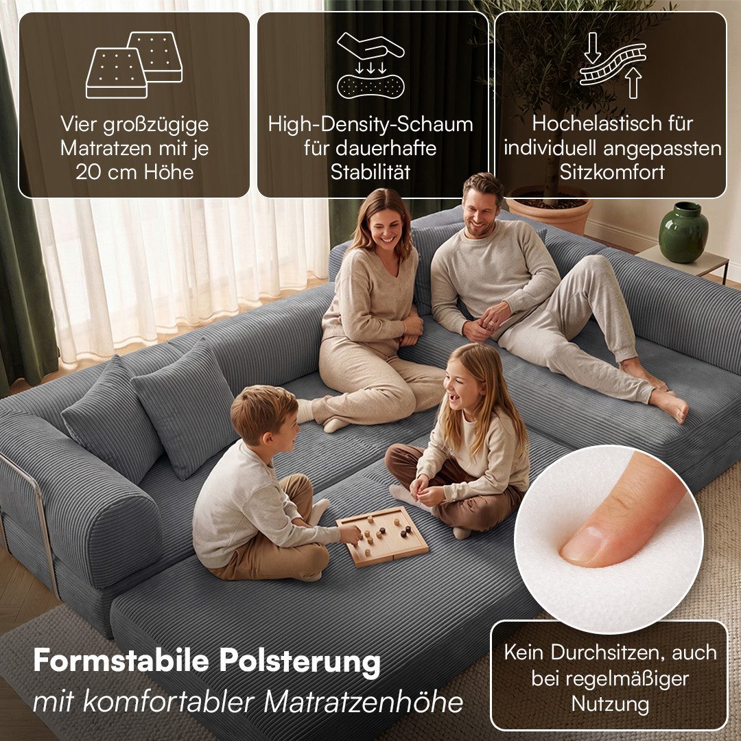 skølm Sofa & Sessel Lofn aus Vollschaum Cord, umwandelbar zum Schlafsofa/-Sessel, Dunkelgrau, Ecksofa 300 cm breit, 4 Sitzer, kein Aufbau erforderlich, vakuumie – Bild 2 von 5