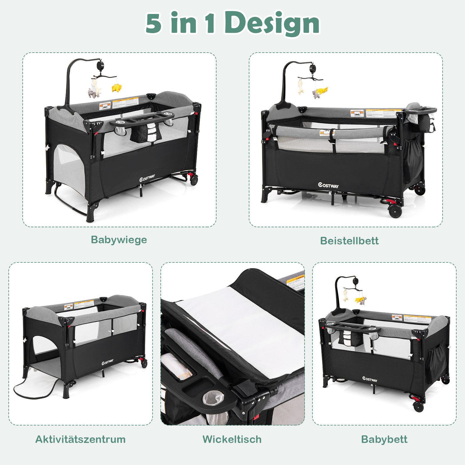 COSTWAY Baby-Reisebett 5 in1 Beistellbett, mit Matratze, höhenverstellbar
