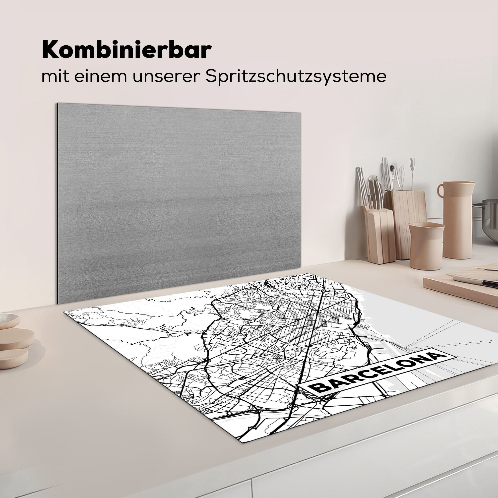 - Schwarz - tlg), 78x78 Barcelona für Vinyl, Herdblende-/Abdeckplatte Stadtplan weiß, Arbeitsplatte Ceranfeldabdeckung, MuchoWow cm, Karte (1 küche und -