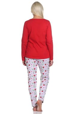 Normann Pyjama Süsser Damen Schlafanzug langarm Pyjama mit Erdbeeren als Motiv