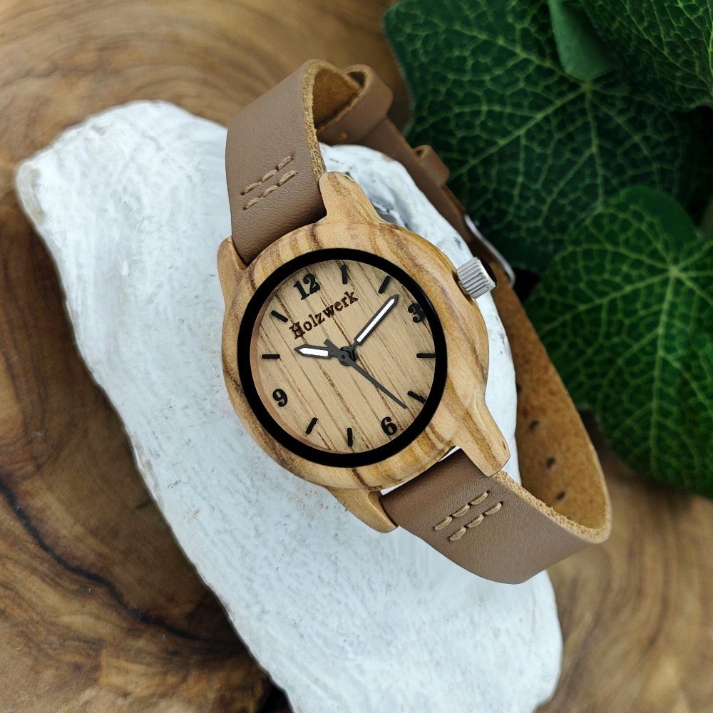Holzwerk Quarzuhr CLARA BROWN & Holz Leder beige Kinder kleine Armband Uhr, braun