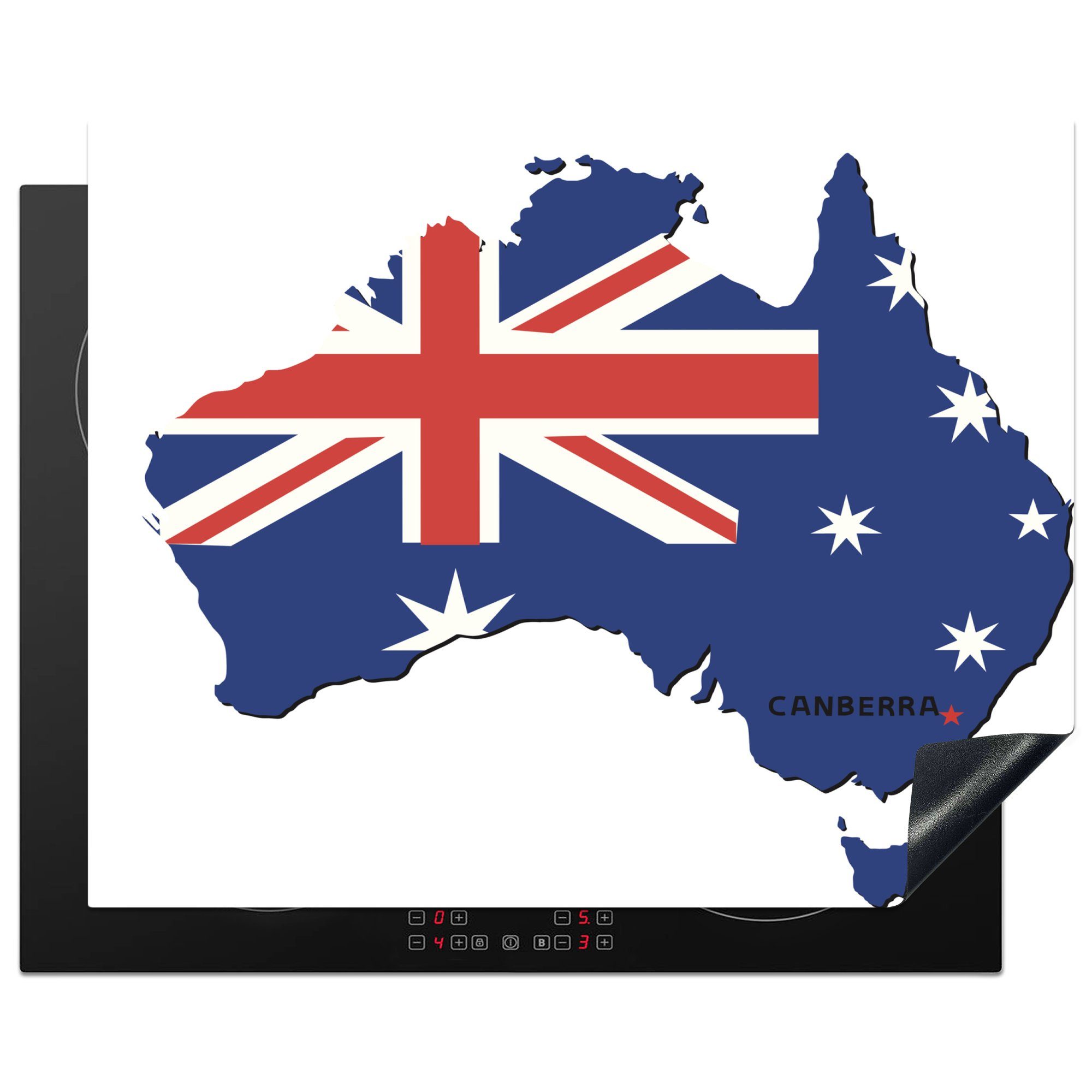 MuchoWow Herdblende-/Abdeckplatte Eine Illustration der Karte von Australien und Canberra mit den Farben, Vinyl, (1 tlg), 65x52 cm, Mobile Arbeitsfläche nutzbar, Ceranfeldabdeckung