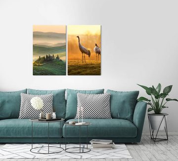 Sinus Art Leinwandbild 2 Bilder je 60x90cm Toskana Italien Idyllisch Kraniche Morgentau schöne Landschaft Finca
