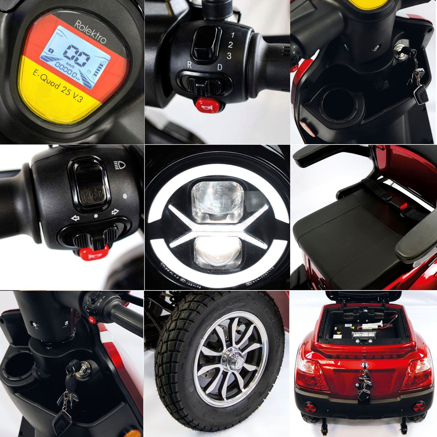 E-Quad Topcase) (mit km/h, 25 rot V.3, 25 Lithium Akku, Elektromobil Rolektro Rolektro