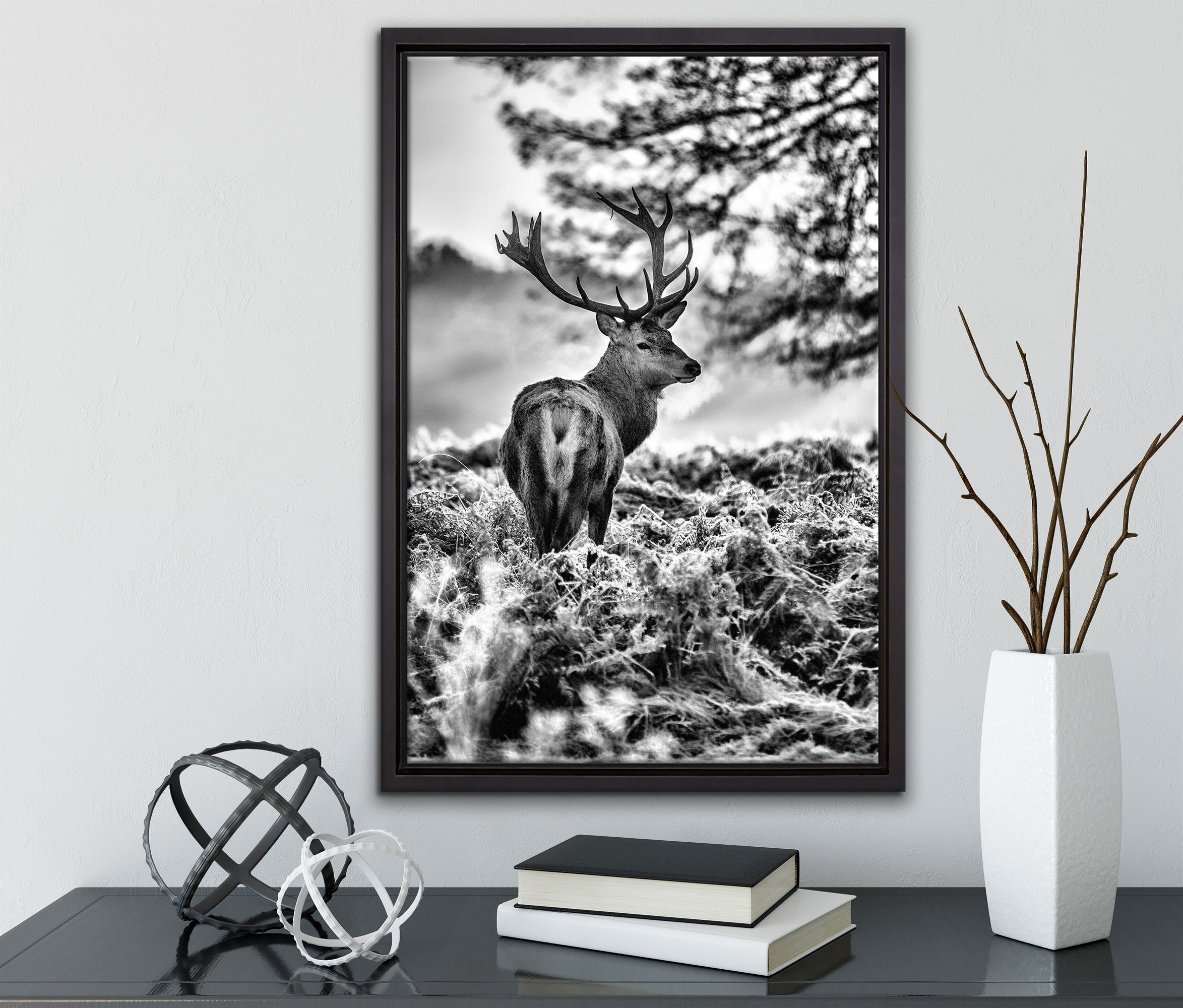 Pixxprint Leinwandbild Hirsch St), im einem inkl. fertig Wald, gefasst, in Schattenfugen-Bilderrahmen (1 Wanddekoration Zackenaufhänger bespannt, Leinwandbild