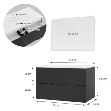 ML-DESIGN Badezimmer-Set Waschtisch Badezimmermöbel Badezimmer Möbel Spiegel Badset, 3er Set Grau LED-Spiegel 90x60cm Waschtisch 91cm Keramik