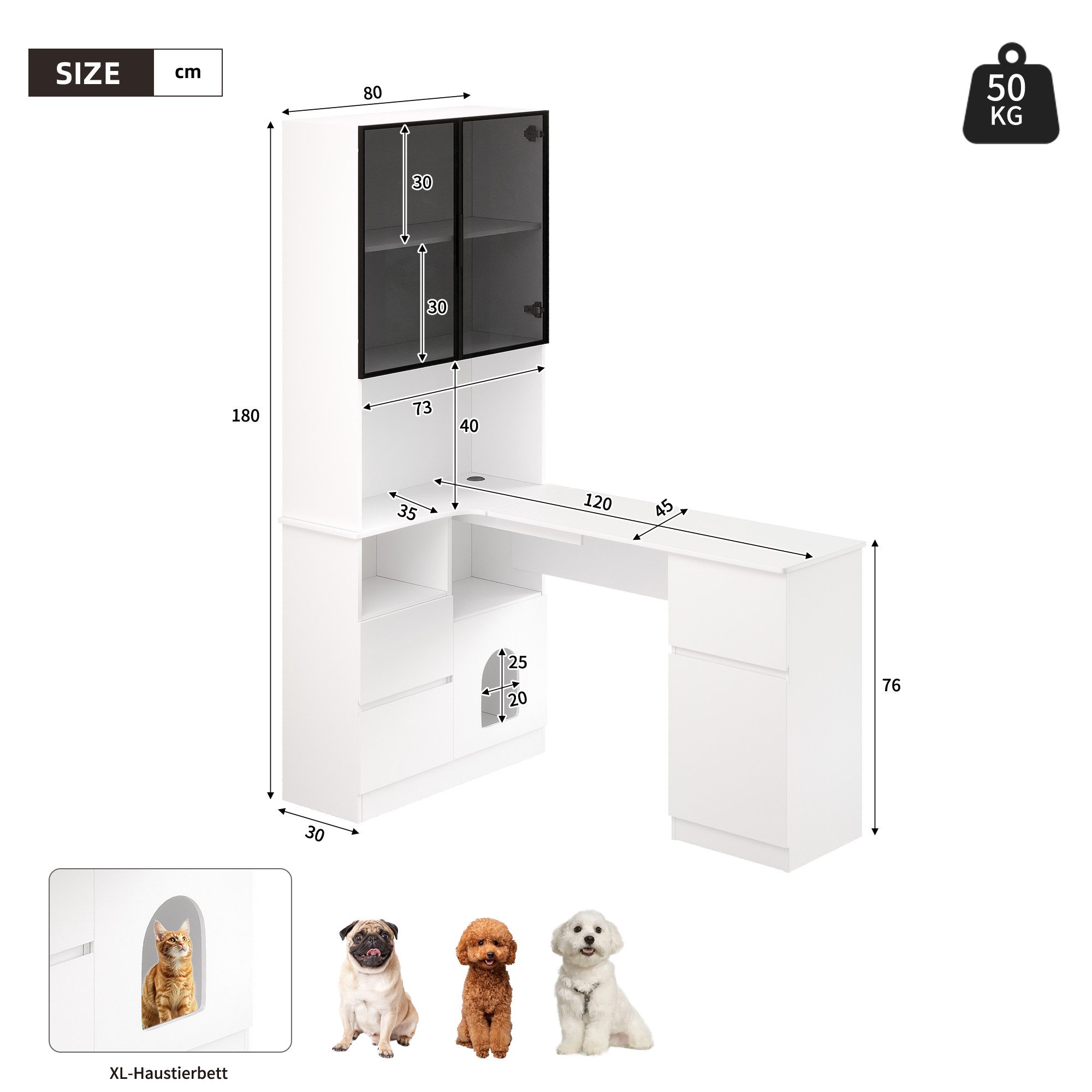 Merax Eckschreibtisch mit Regal und LED Glasvitrine, (1-St., Schreibtisch mit 3 Schubladen, Haustierfach), Computertisch, Bürotisch, 120×80×180 cm, Weiß