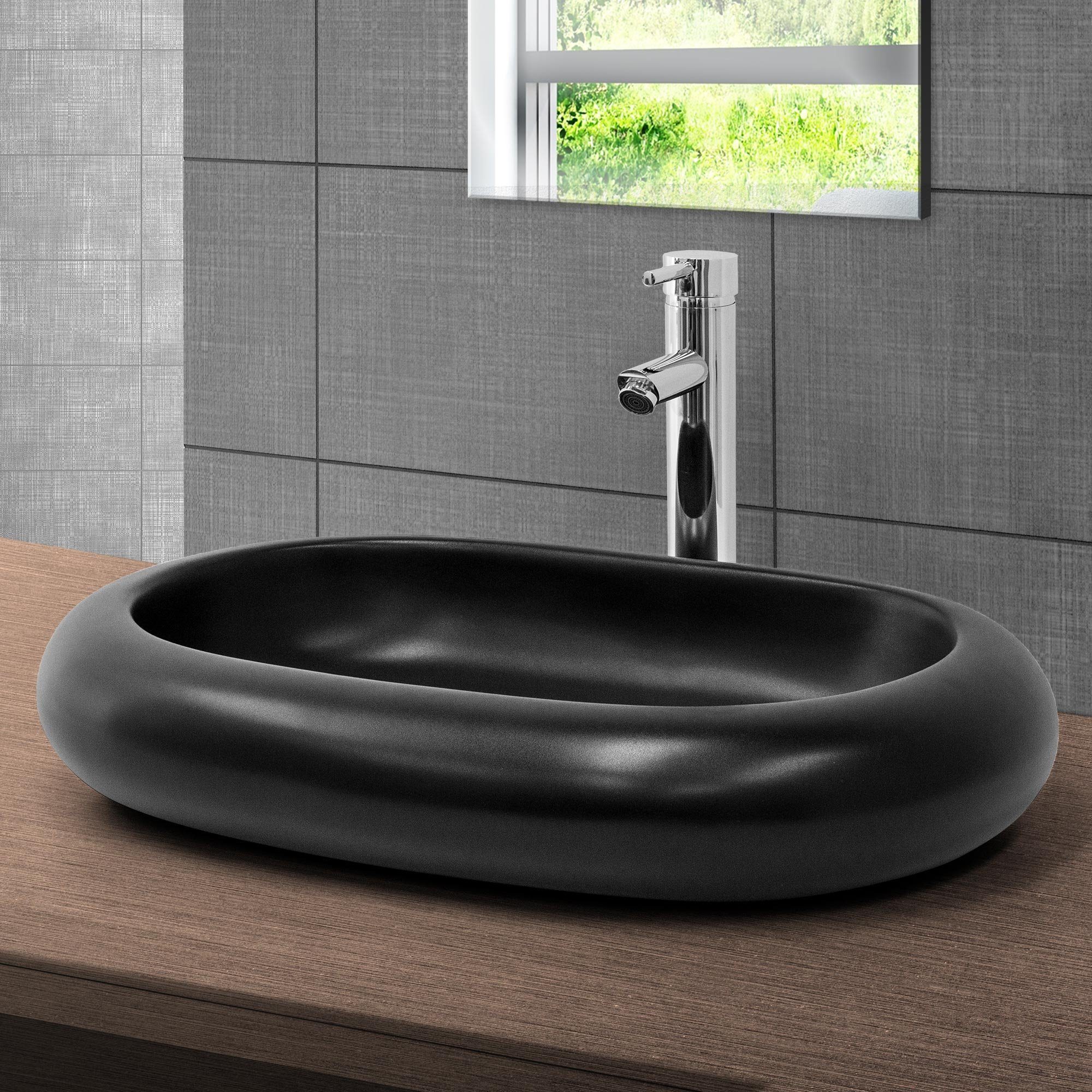 LuxeBath Waschbecken Aufsatzwaschbecken aus Keramik für Badezimmer/Gäste-WC, Handwaschbecken Oval 65x45x11 cm Schwarz