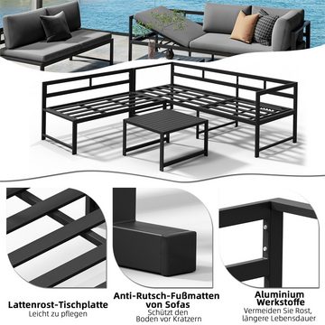 Melko Gartenlounge-Set Ecklounge mit Liegefunktion Aluminium Sitzgruppe wetterfest Grau, (Set, 3-tlg., 2 Sofa, 1 Tisch, 11 Auflagen), Liegefunktion durch verstellbare Rückenlehne