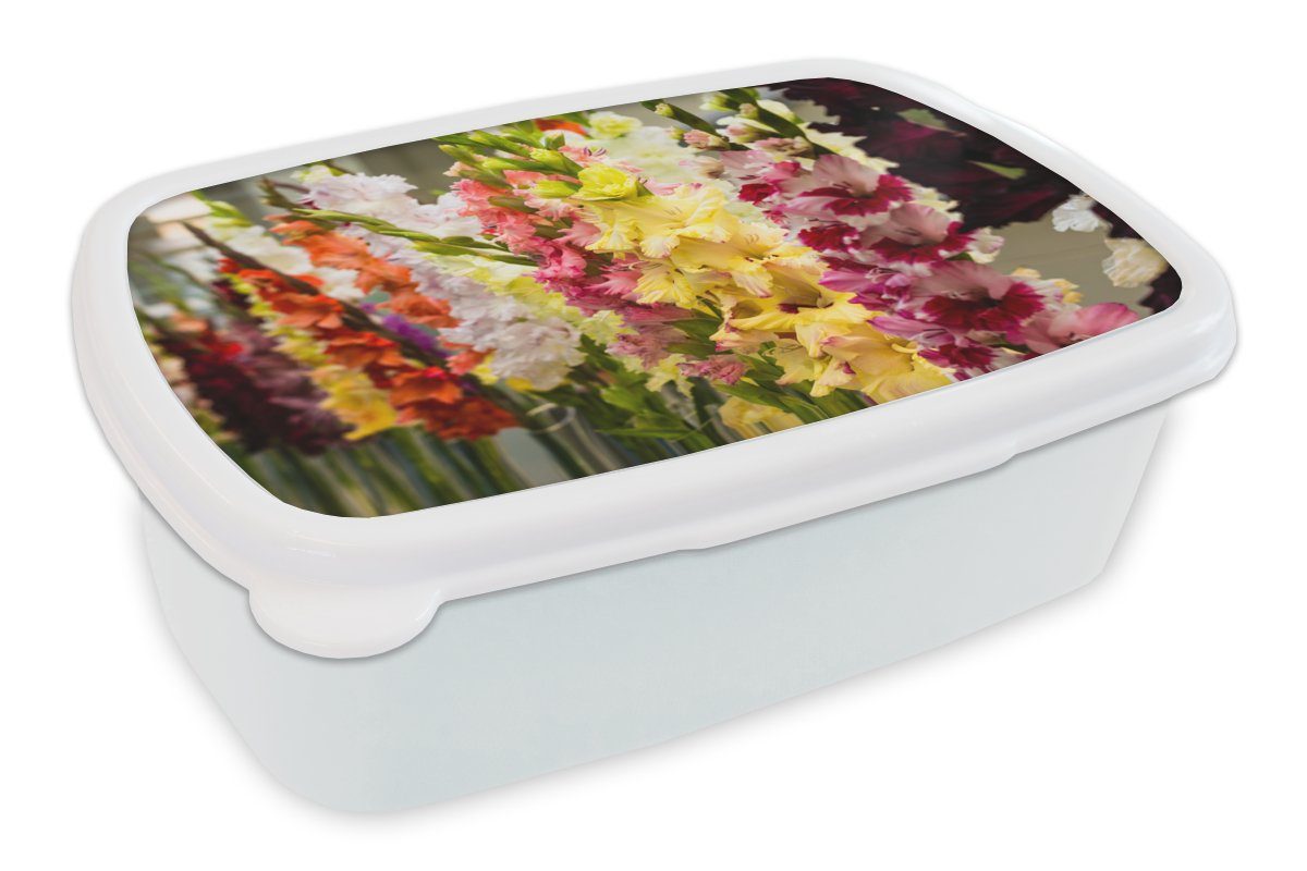 MuchoWow Lunchbox Gladiolen - Blumen - Farben, Kunststoff, (2-tlg), Brotbox für Kinder und Erwachsene, Brotdose, für Jungs und Mädchen weiß
