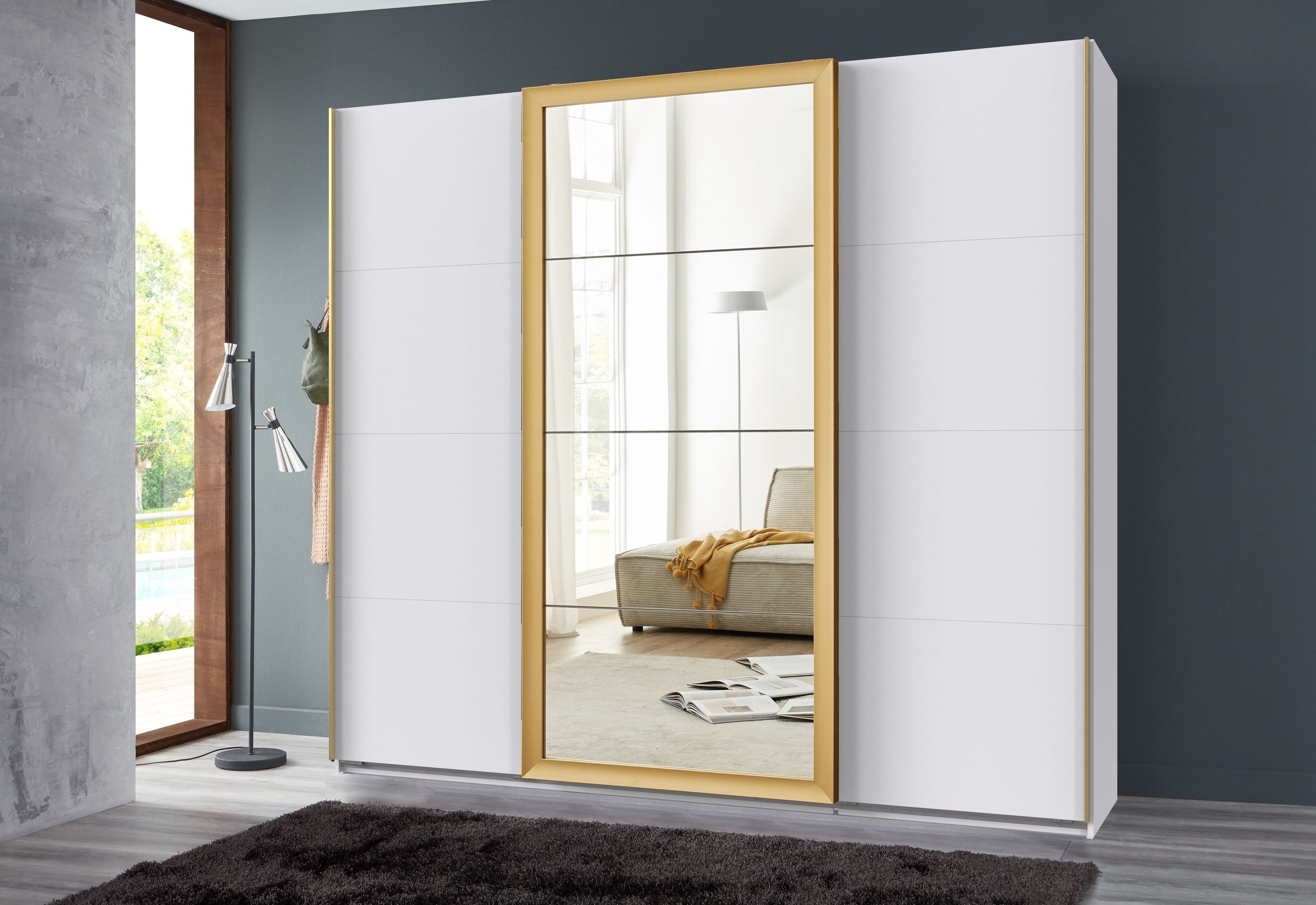 freiraum Schwebetürenschrank KATAR in WEISS + GOLD MATT - 225x208x64cm (BxHxT)