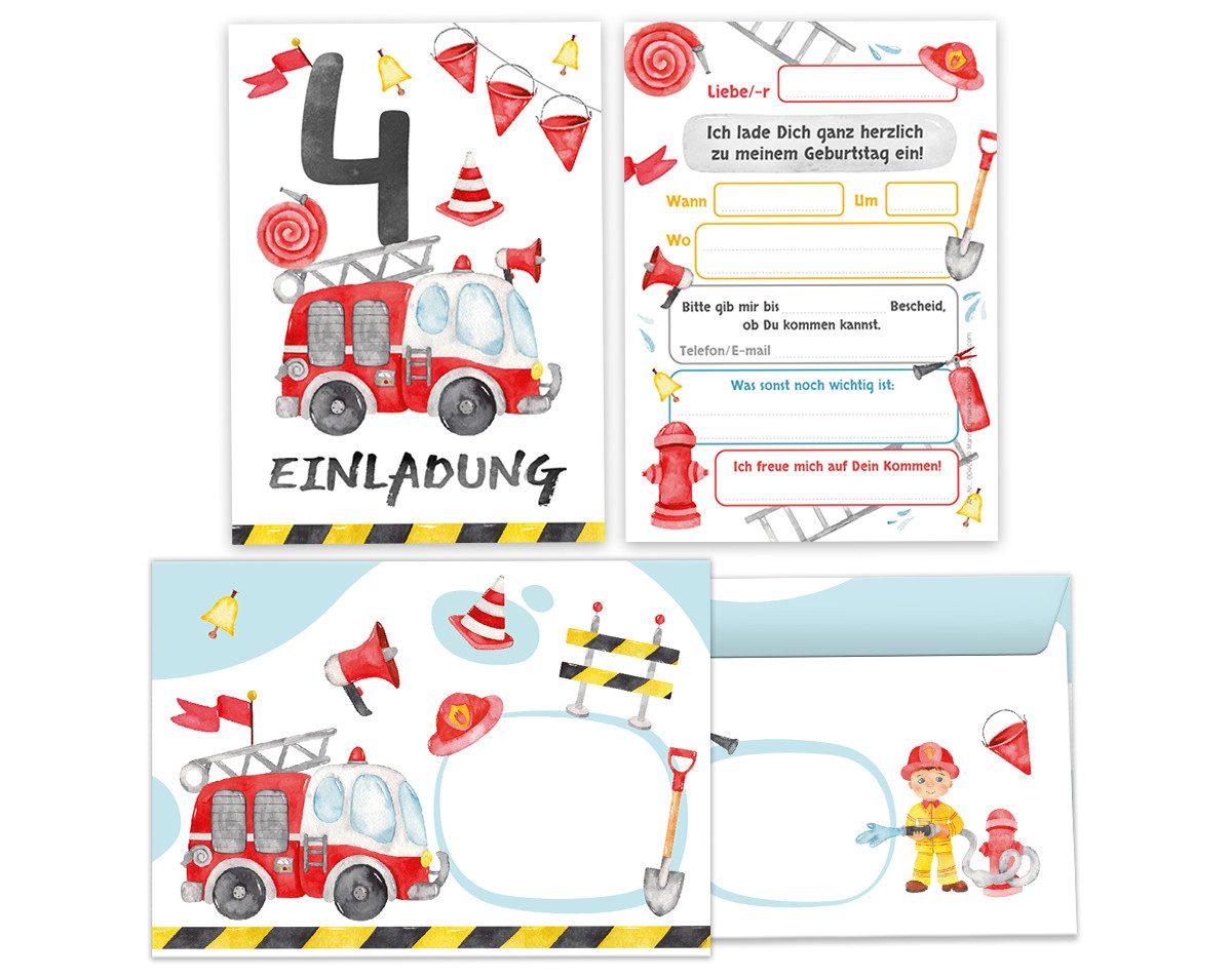 JUNAPACK Einladungskarten Feuerwehr zum 4. Kindergeburtstag Karten Einladungen mit Umschlägen, Einladungskarten mit Umschlägen zum vierten Geburtstag Feuerwehr